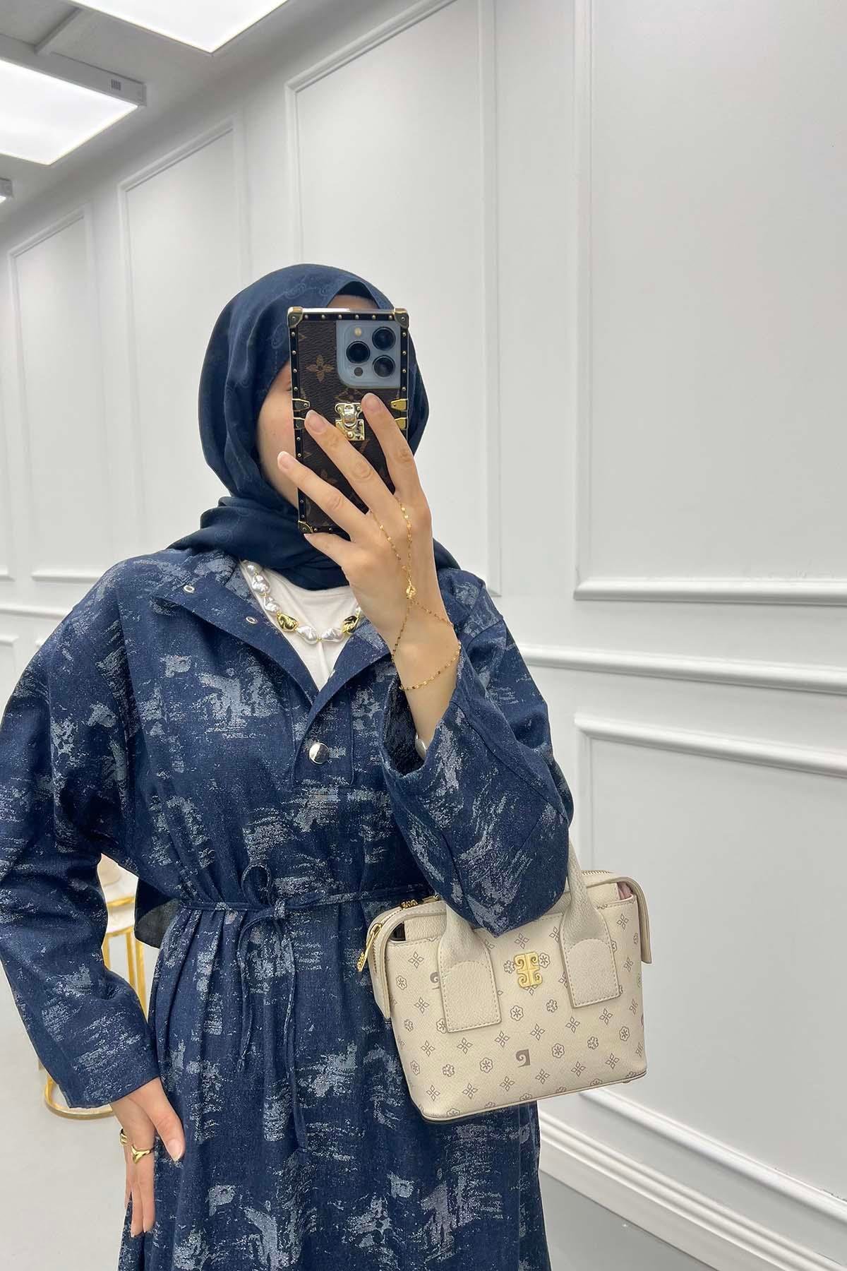 Texture Desen Denim Elbise Lacivert