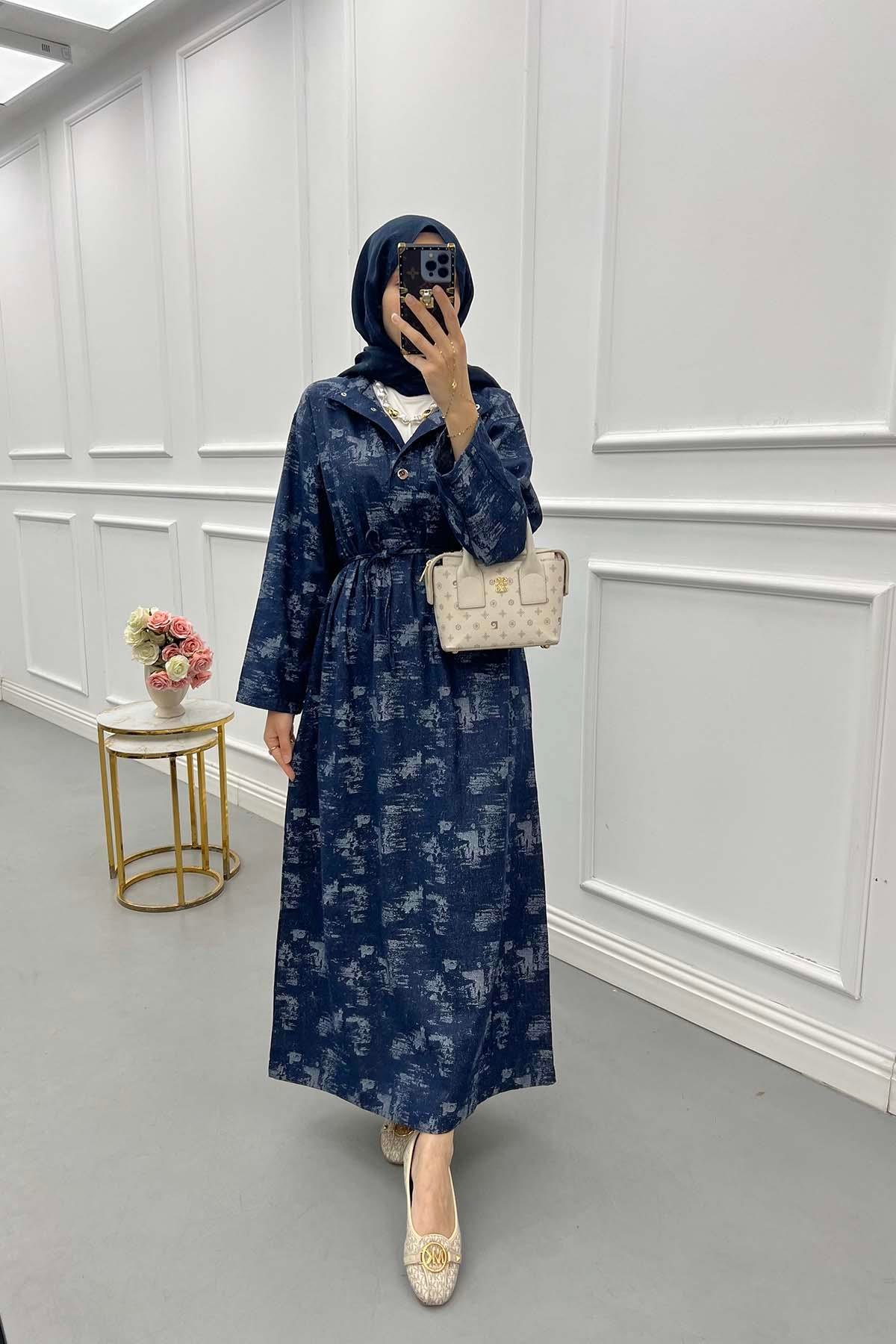Texture Desen Denim Elbise Lacivert