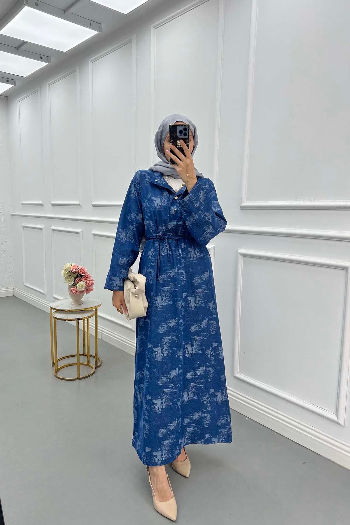 Texture Desen Denim Elbise Mavi