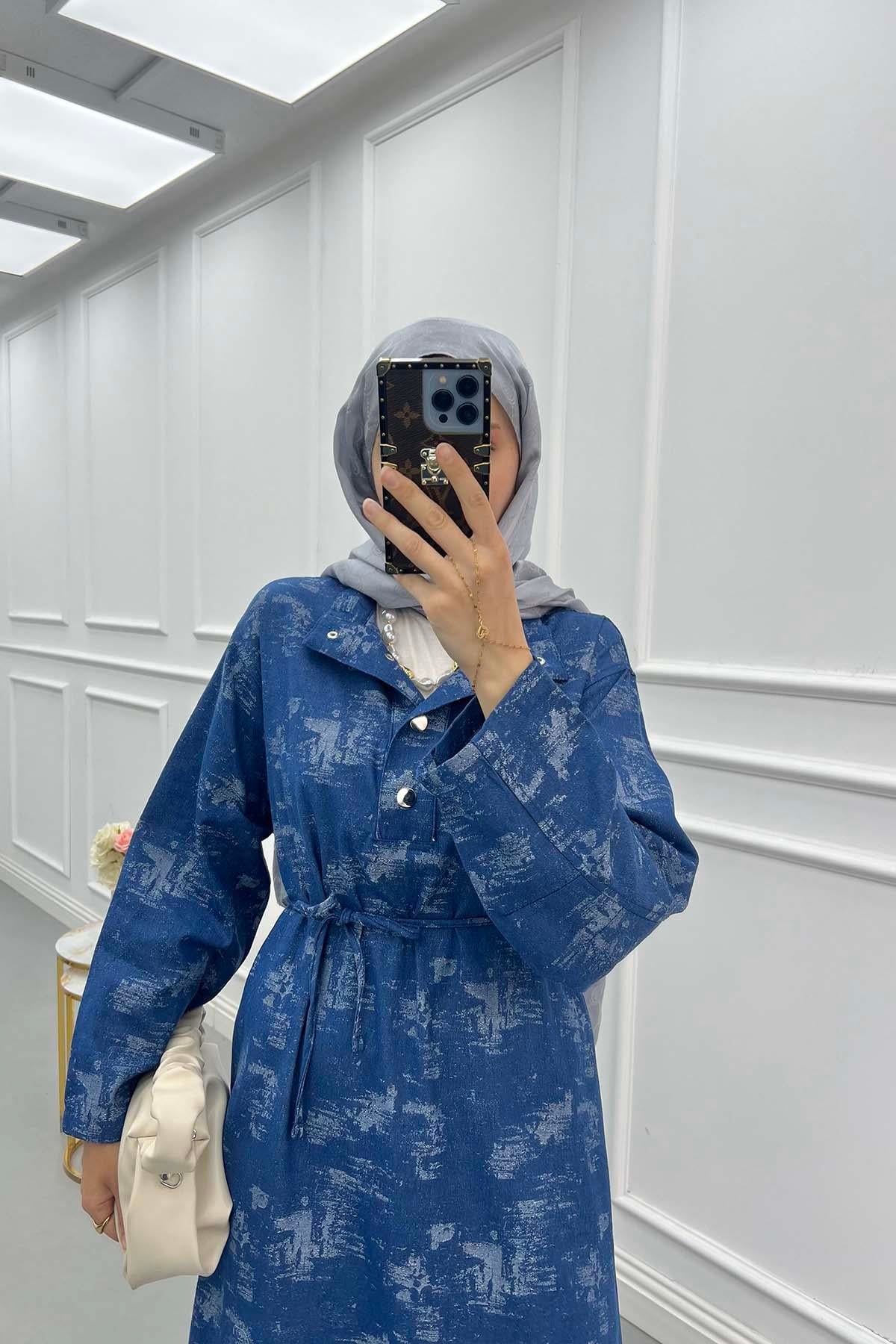 Texture Desen Denim Elbise Mavi