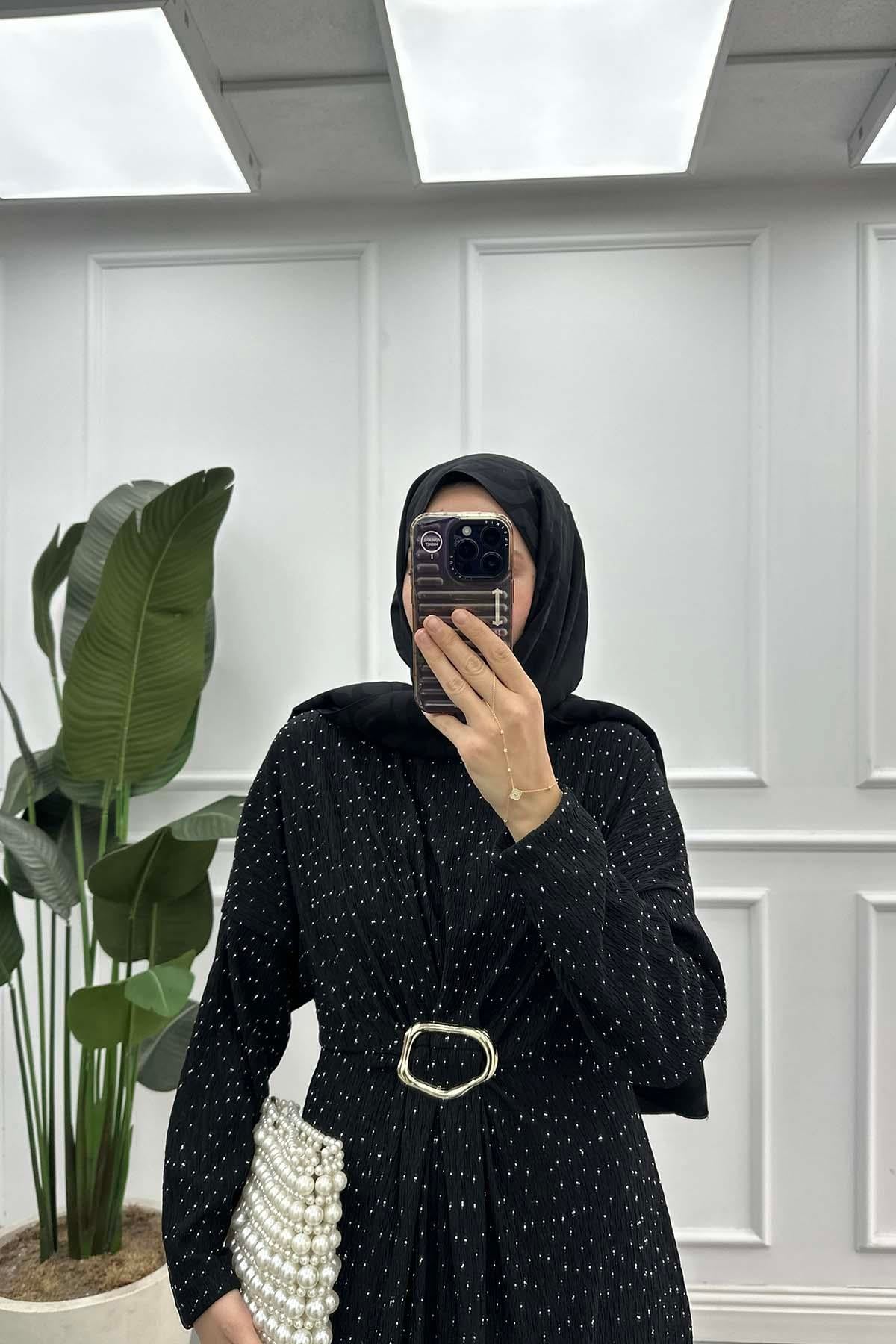 Toka Detaylı Taşlı Elbise Siyah
