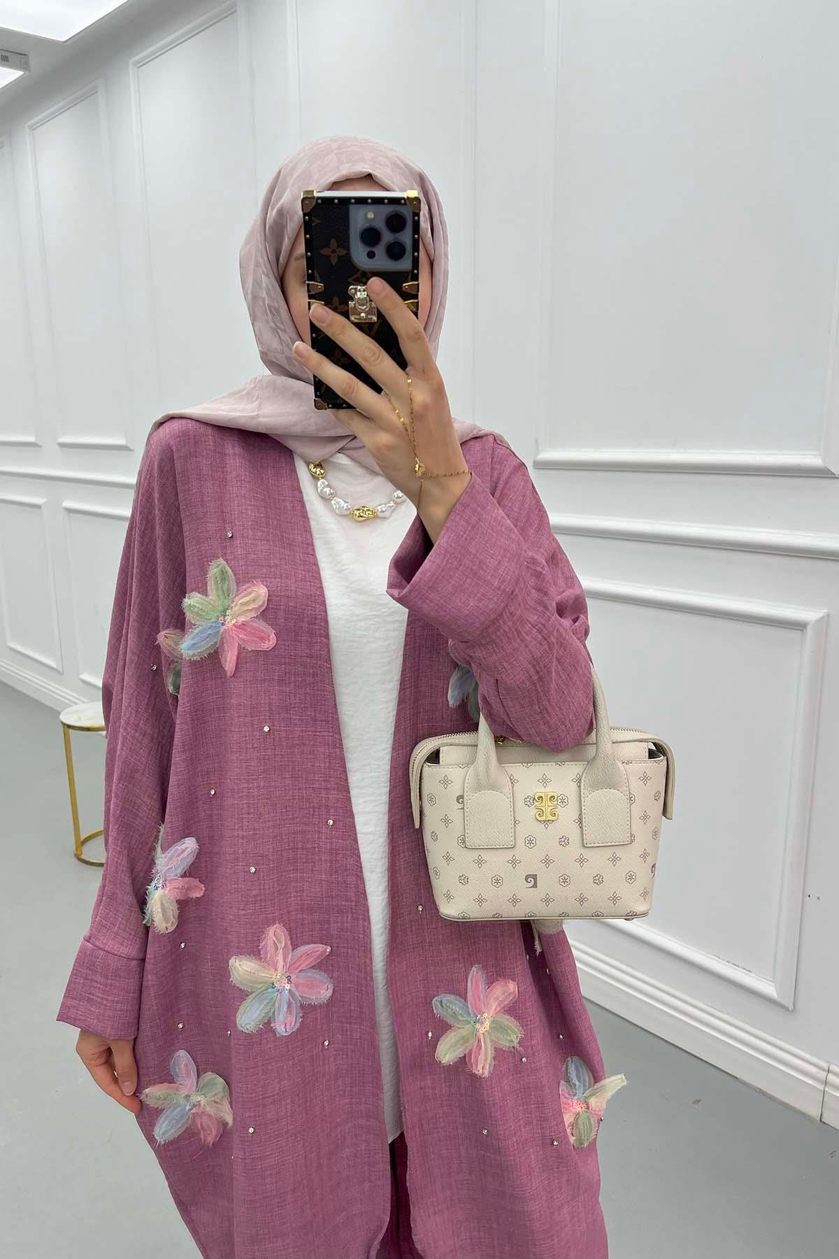 Tül Çiçekli Kimono Üçlü Takım Gül Kurusu