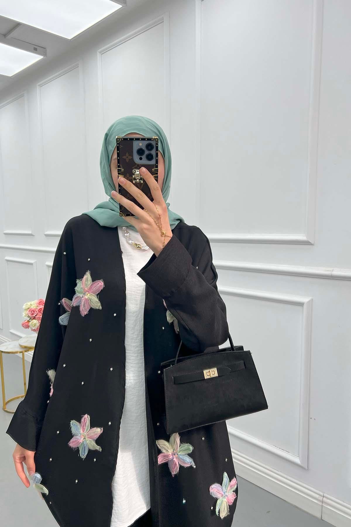 Tül Çiçekli Kimono Üçlü Takım Siyah