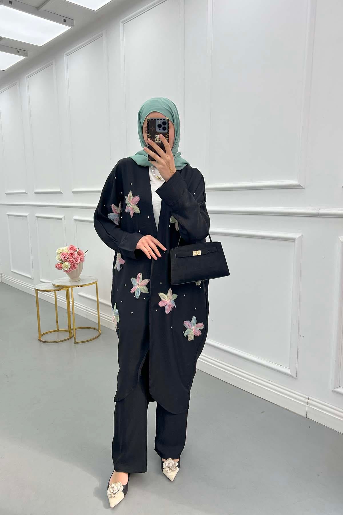 Tül Çiçekli Kimono Üçlü Takım Siyah
