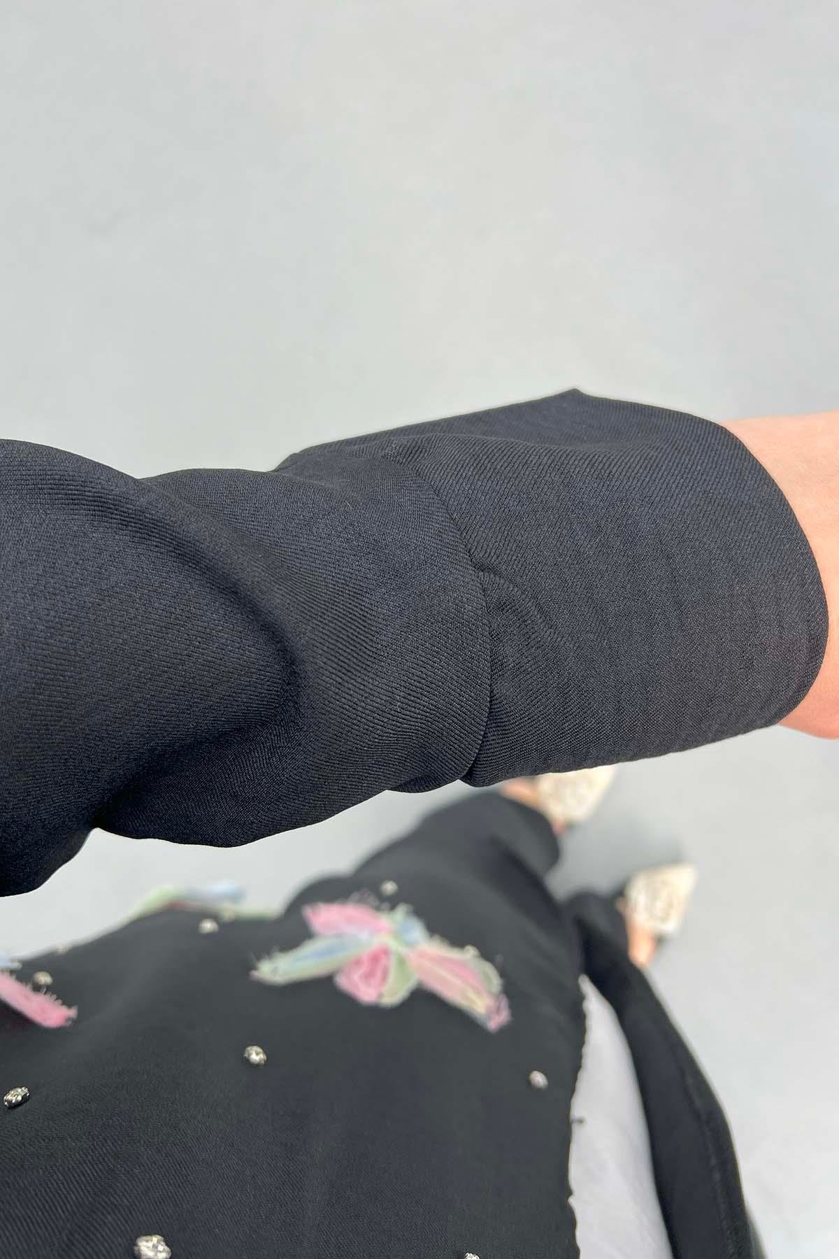 Tül Çiçekli Kimono Üçlü Takım Siyah