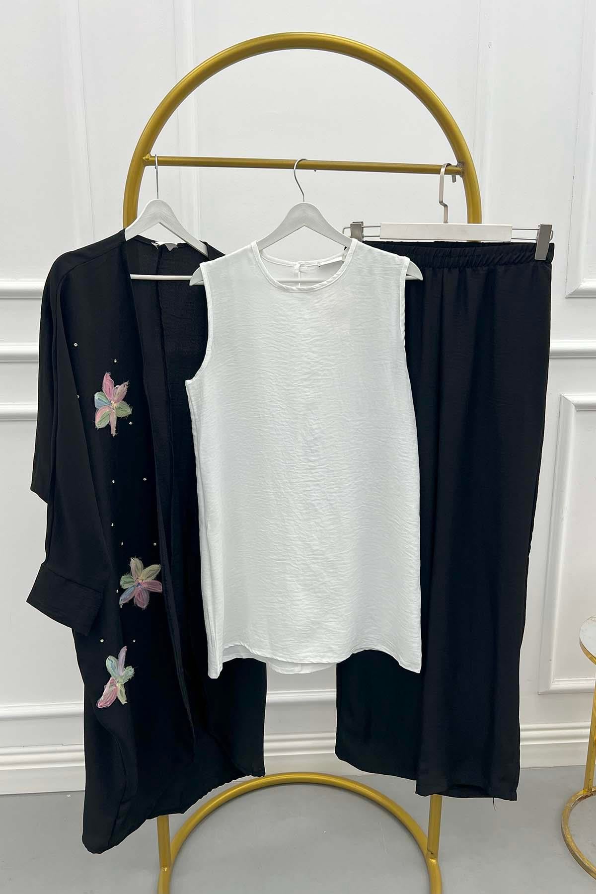 Tül Çiçekli Kimono Üçlü Takım Siyah