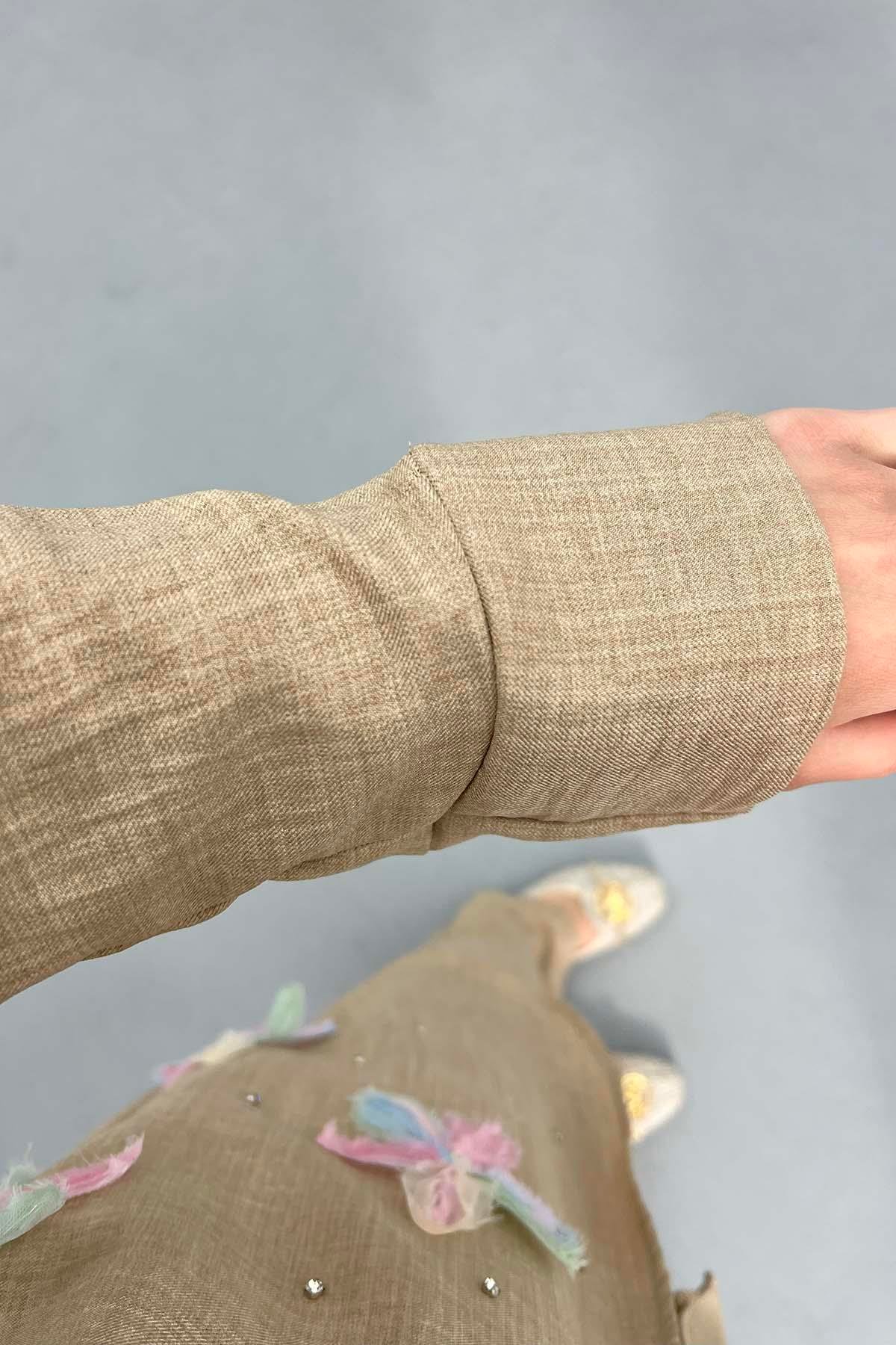 Tül Çiçekli Kimono Üçlü Takım Sütlü Kahve