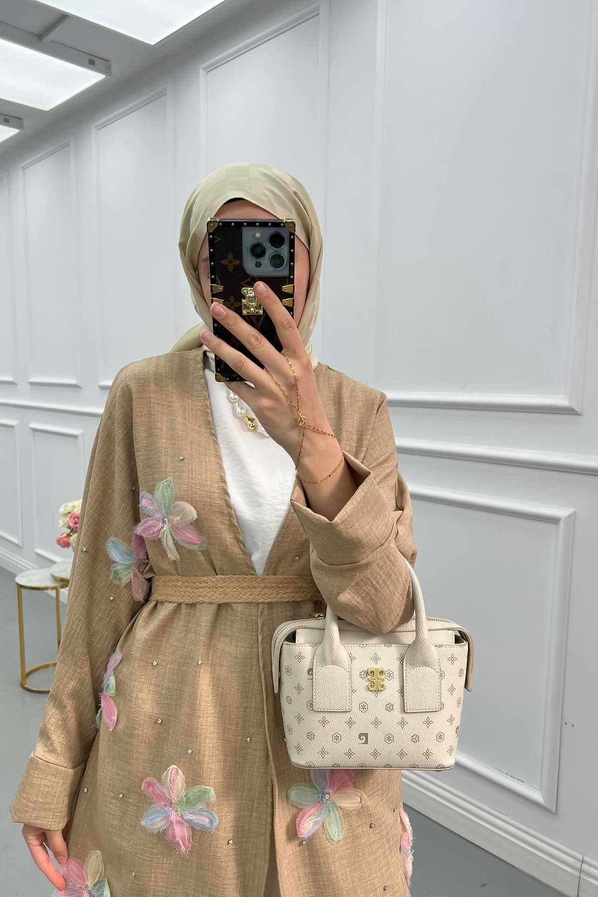 Tül Çiçekli Kimono Üçlü Takım Sütlü Kahve