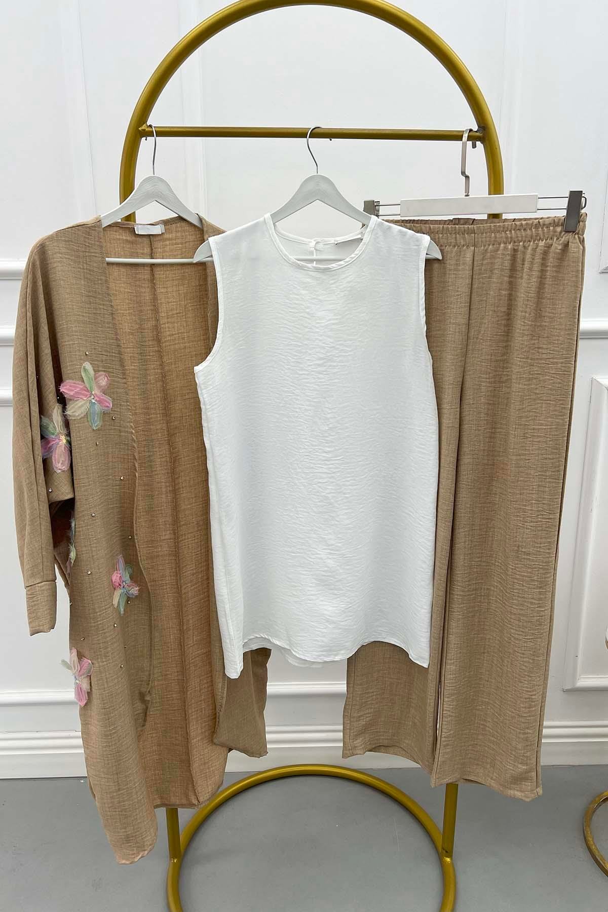 Tül Çiçekli Kimono Üçlü Takım Sütlü Kahve
