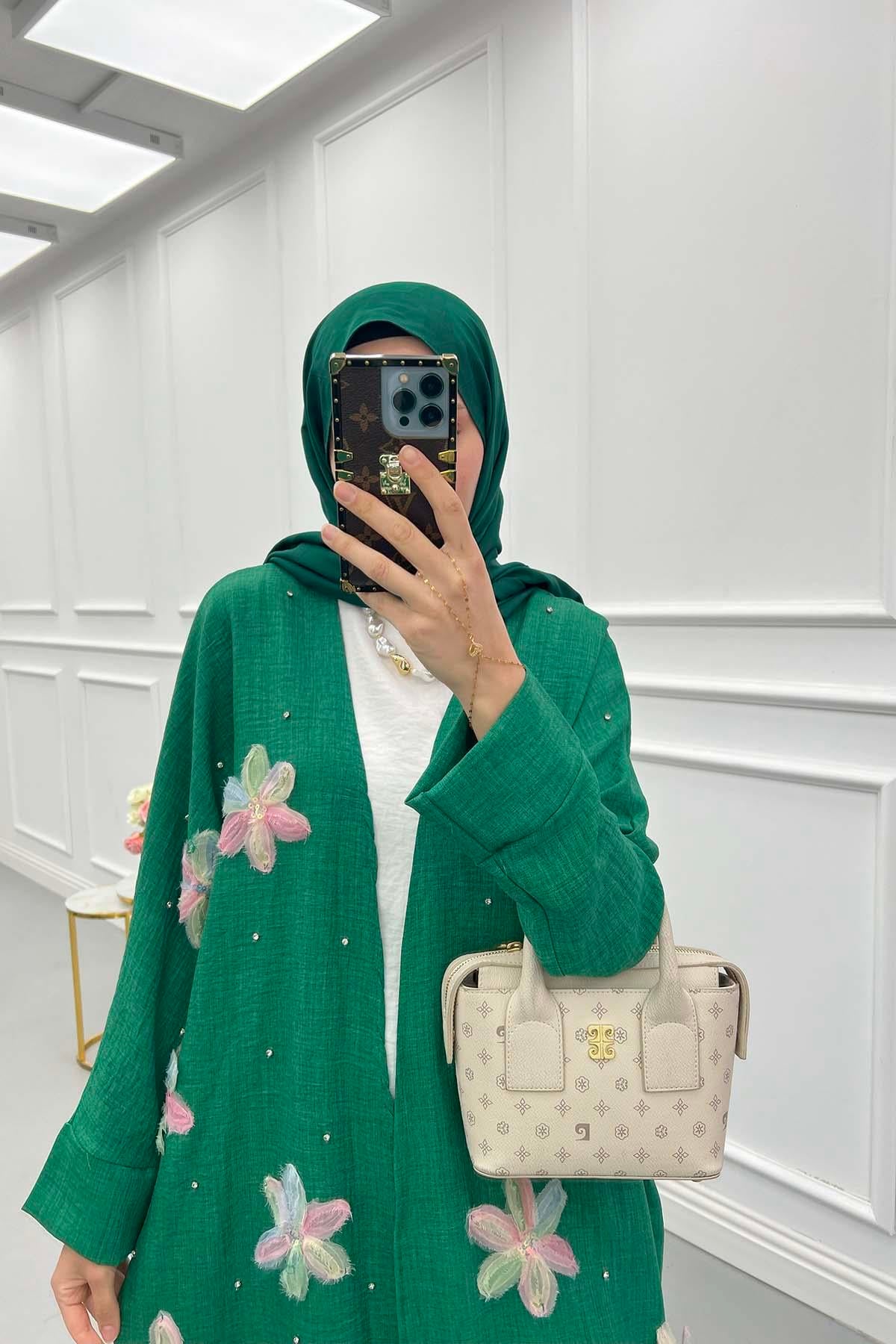 Tül Çiçekli Kimono Üçlü Takım Yeşil