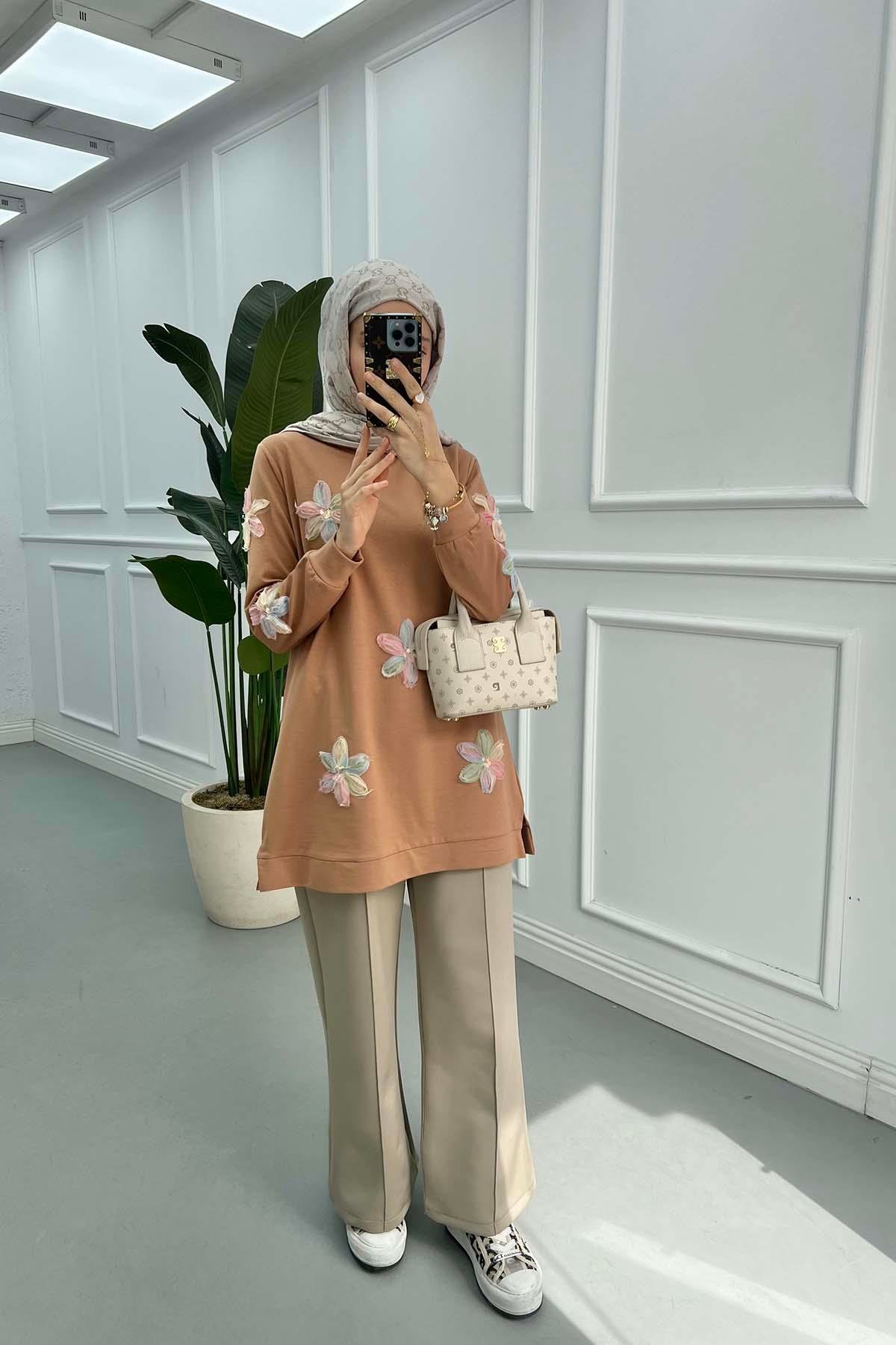 Tül Çiçekli Tunik Camel