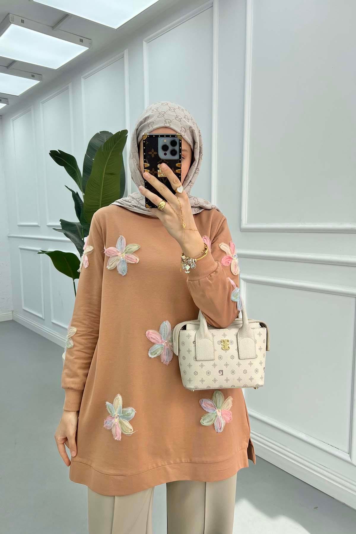 Tül Çiçekli Tunik Camel