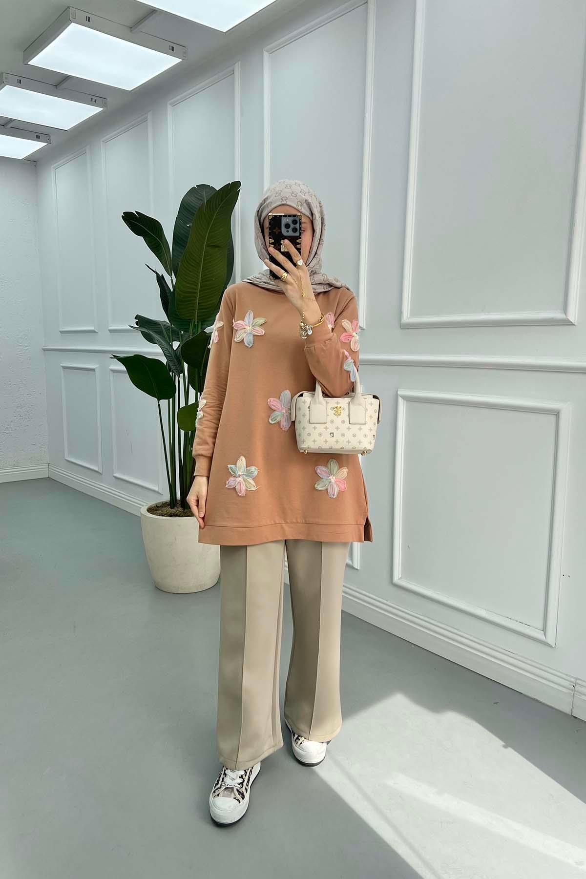 Tül Çiçekli Tunik Camel