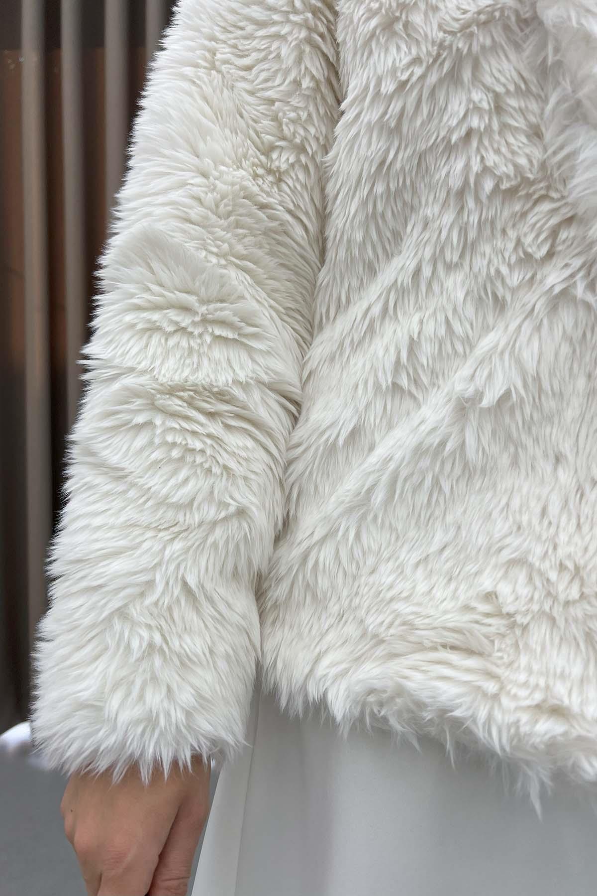 Tüylü Peluş Mont Beyaz