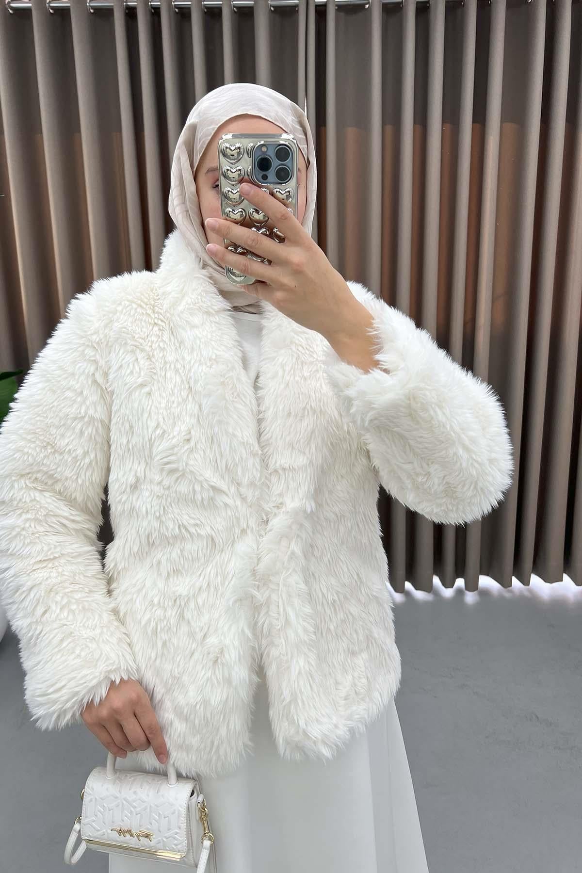 Tüylü Peluş Mont Beyaz