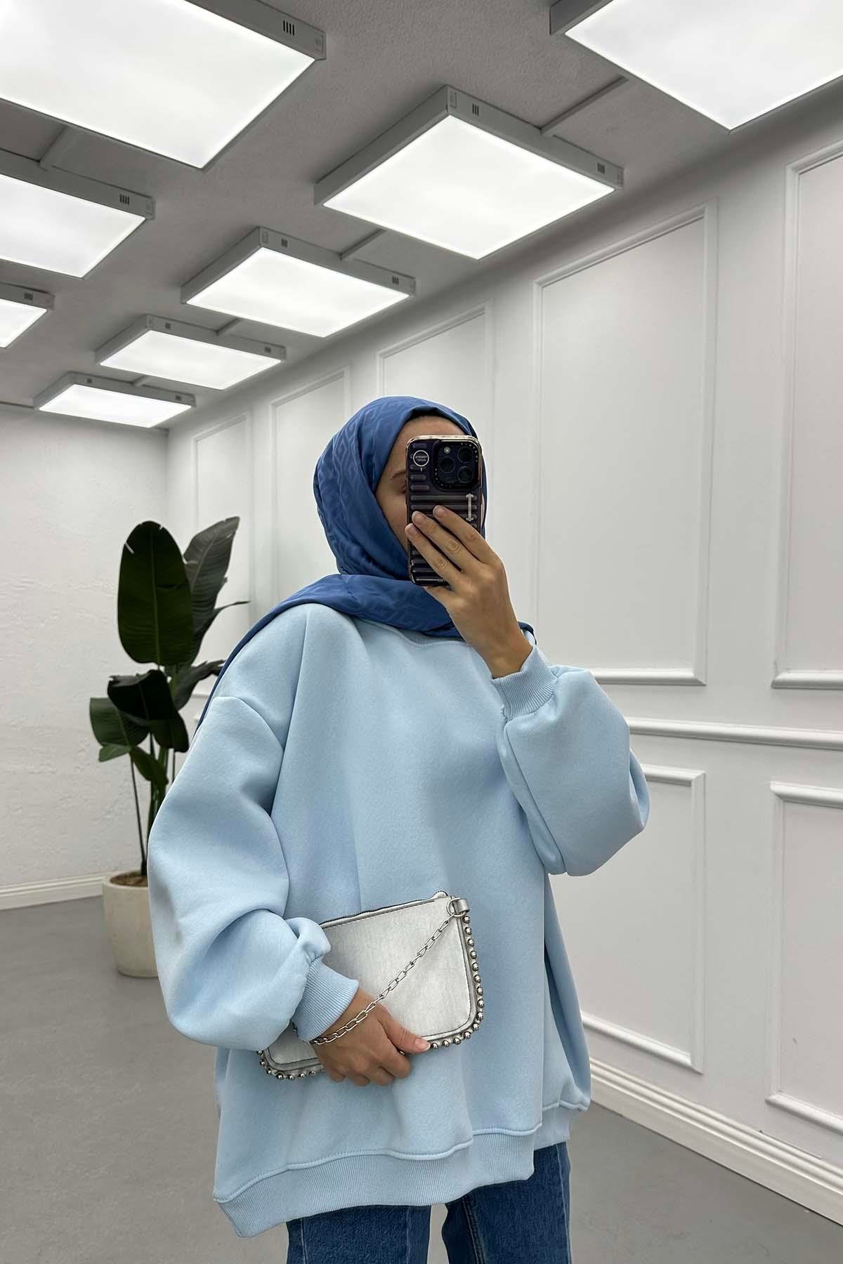 Üç İplik Bisiklet Yaka Sweatshirt Bebe Mavi