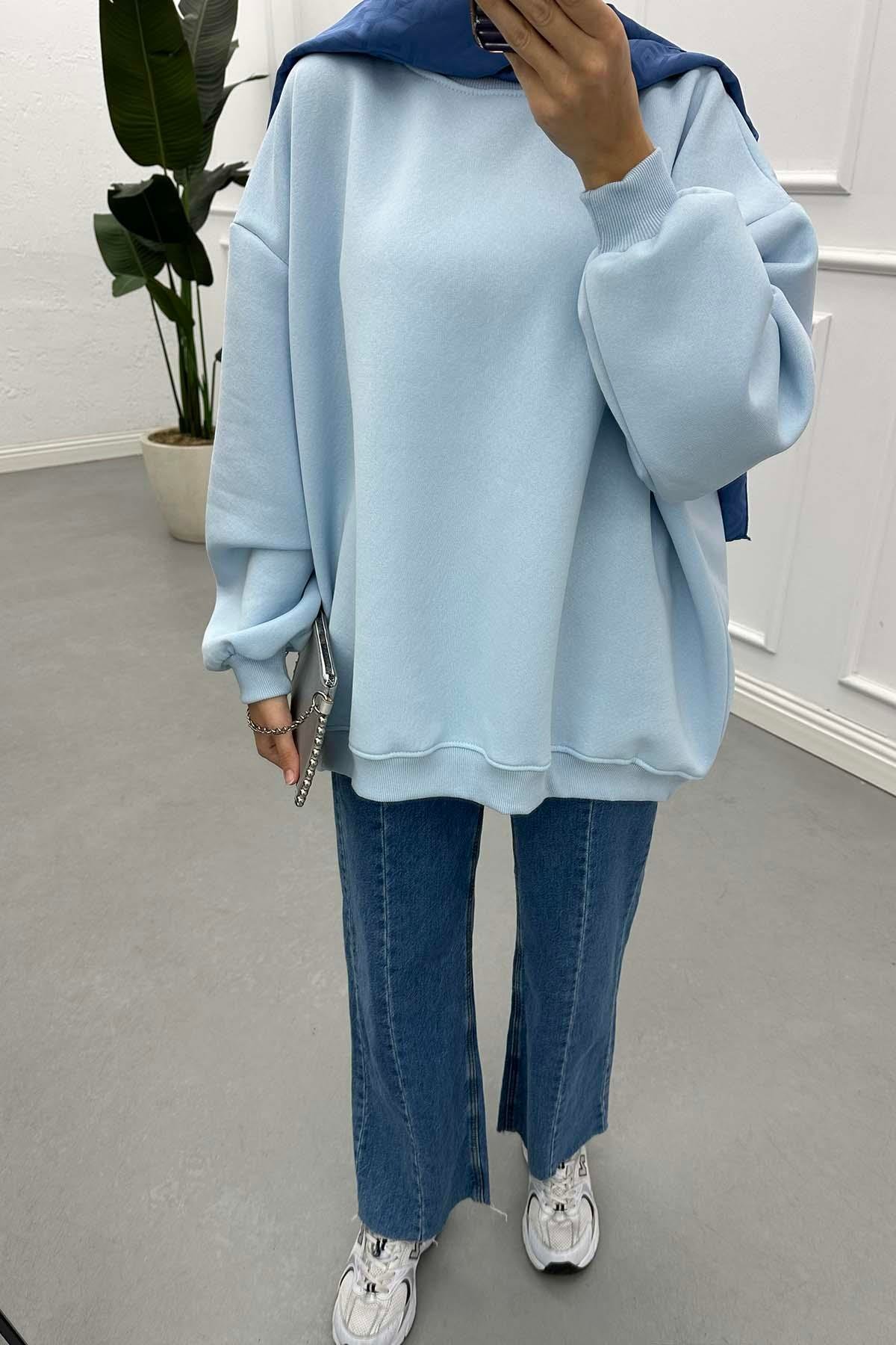 Üç İplik Bisiklet Yaka Sweatshirt Bebe Mavi