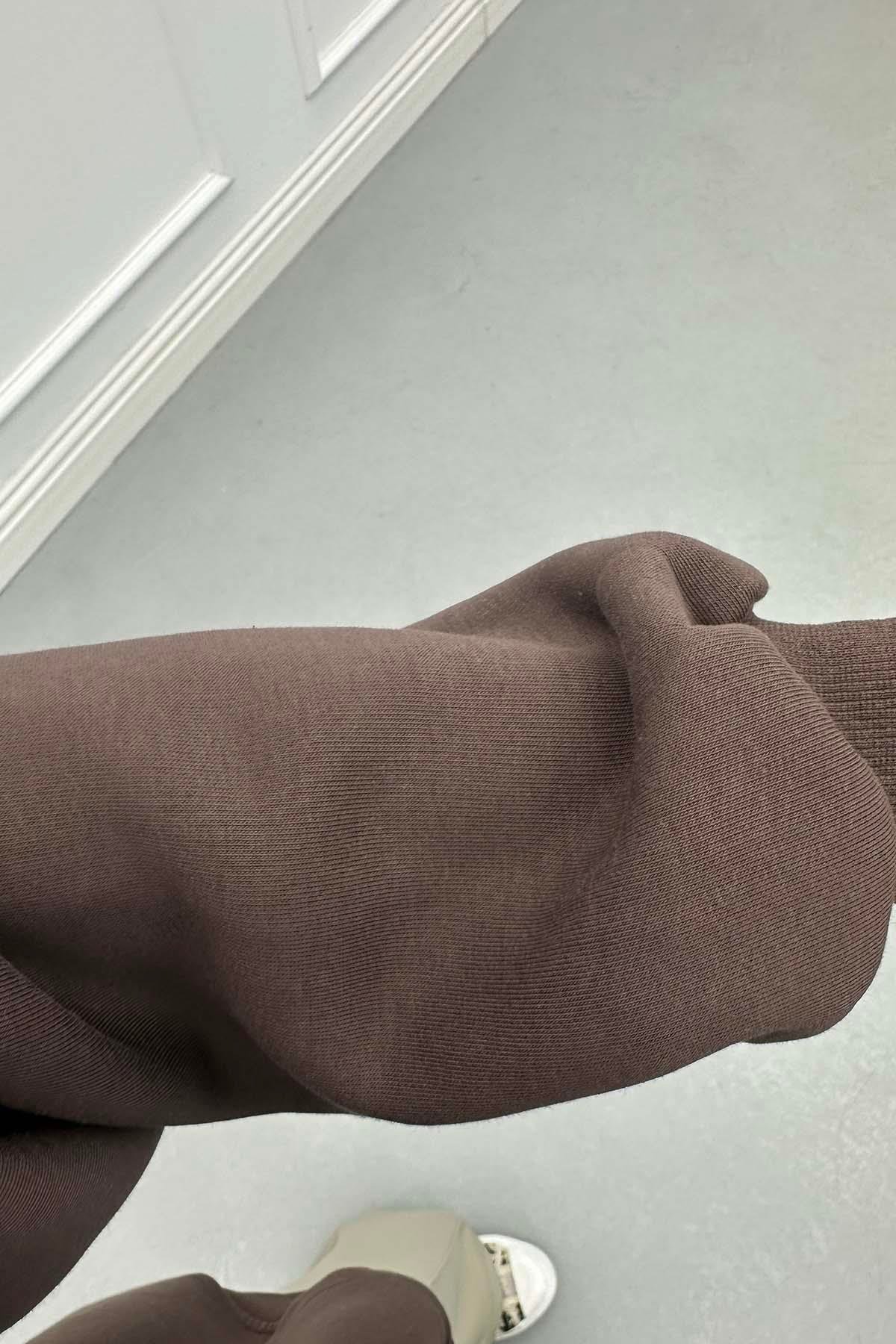 Üç İplik Bisiklet Yaka Sweatshirt Kahve