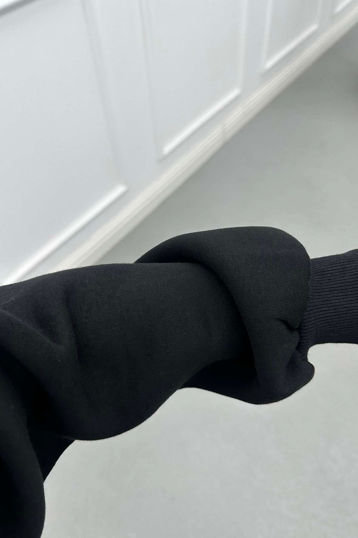 Üç İplik Bisiklet Yaka Sweatshirt Siyah