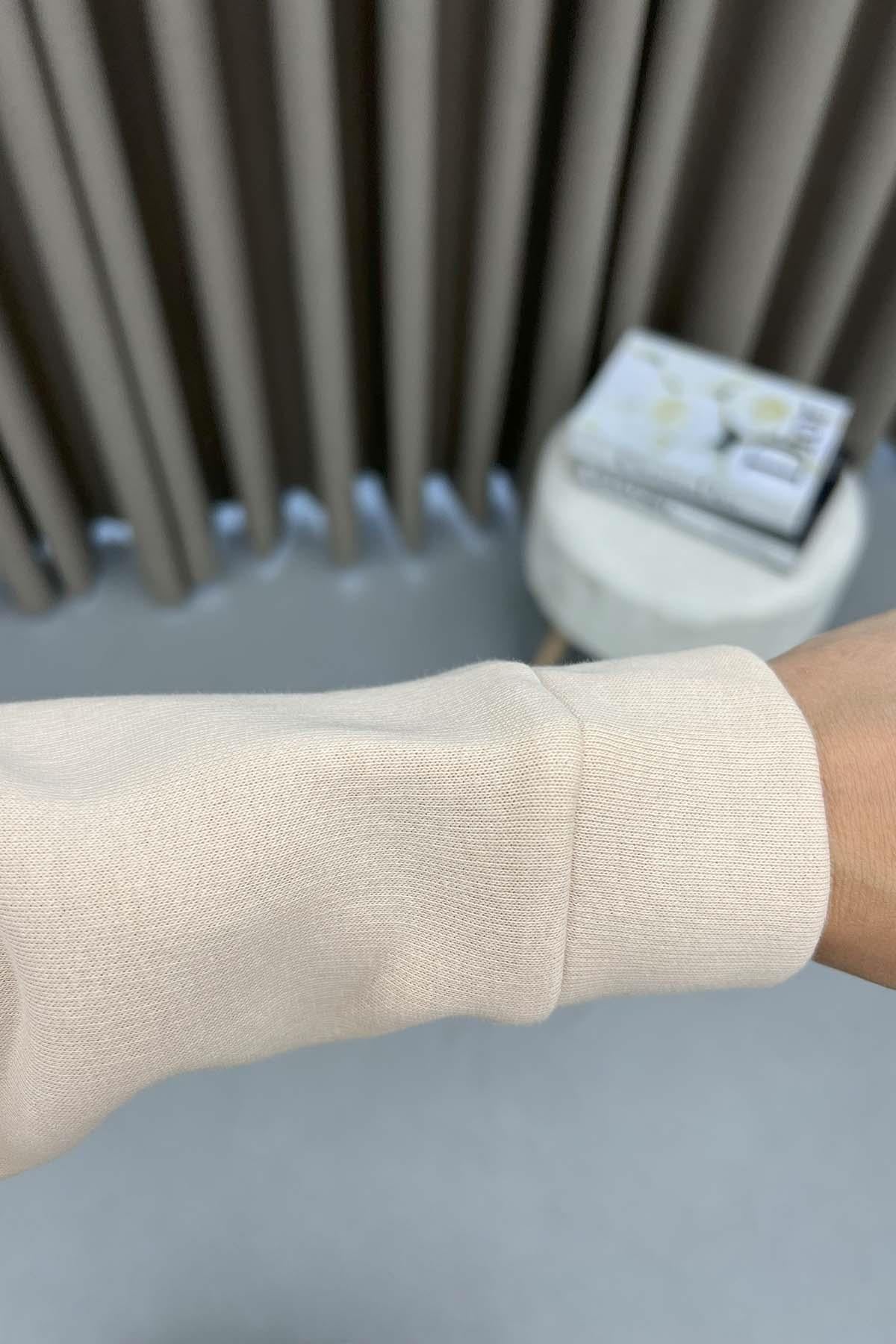 Üç İplik Çıtçıtlı Sweatshirt Bej