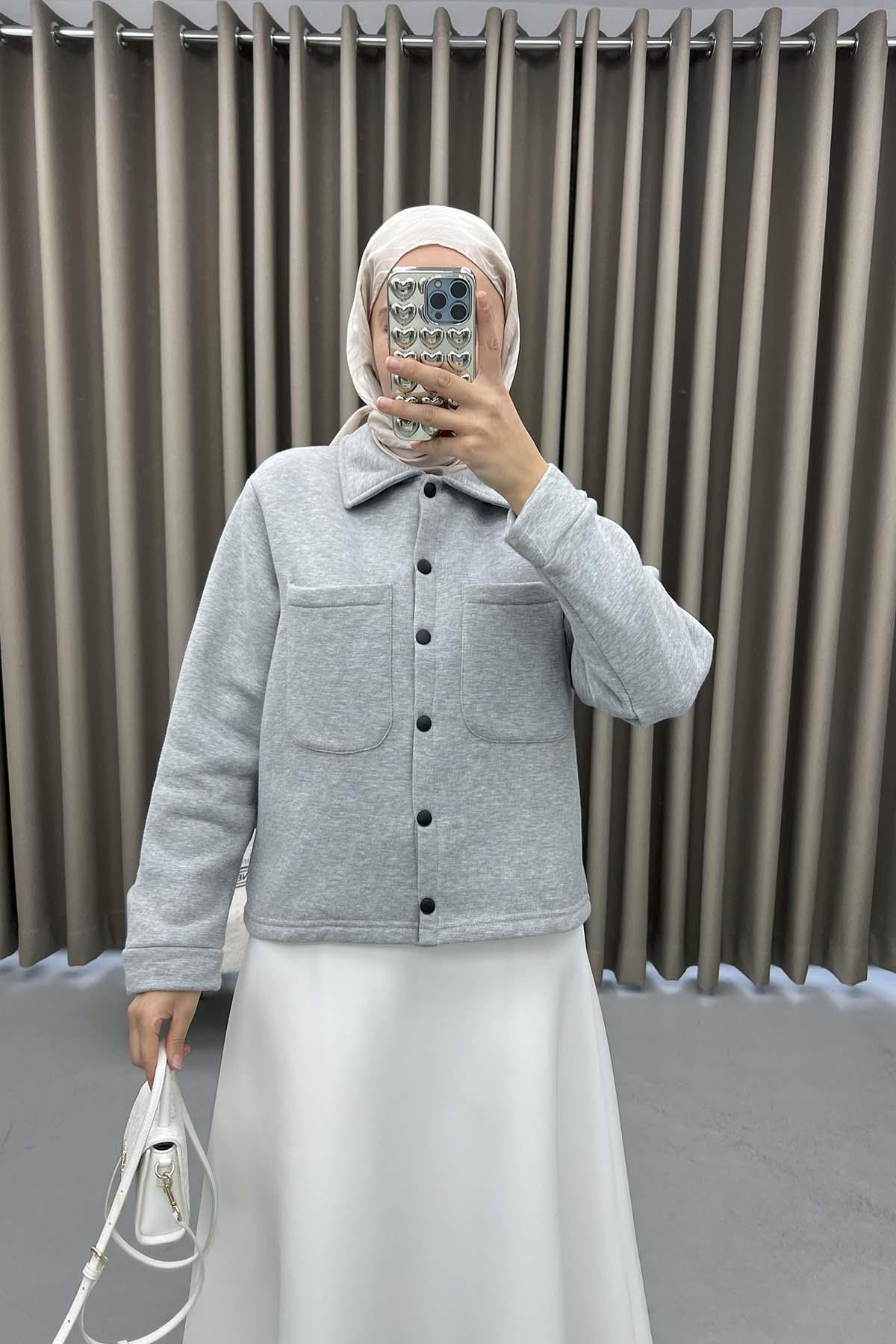 Üç İplik Çıtçıtlı Sweatshirt Gri