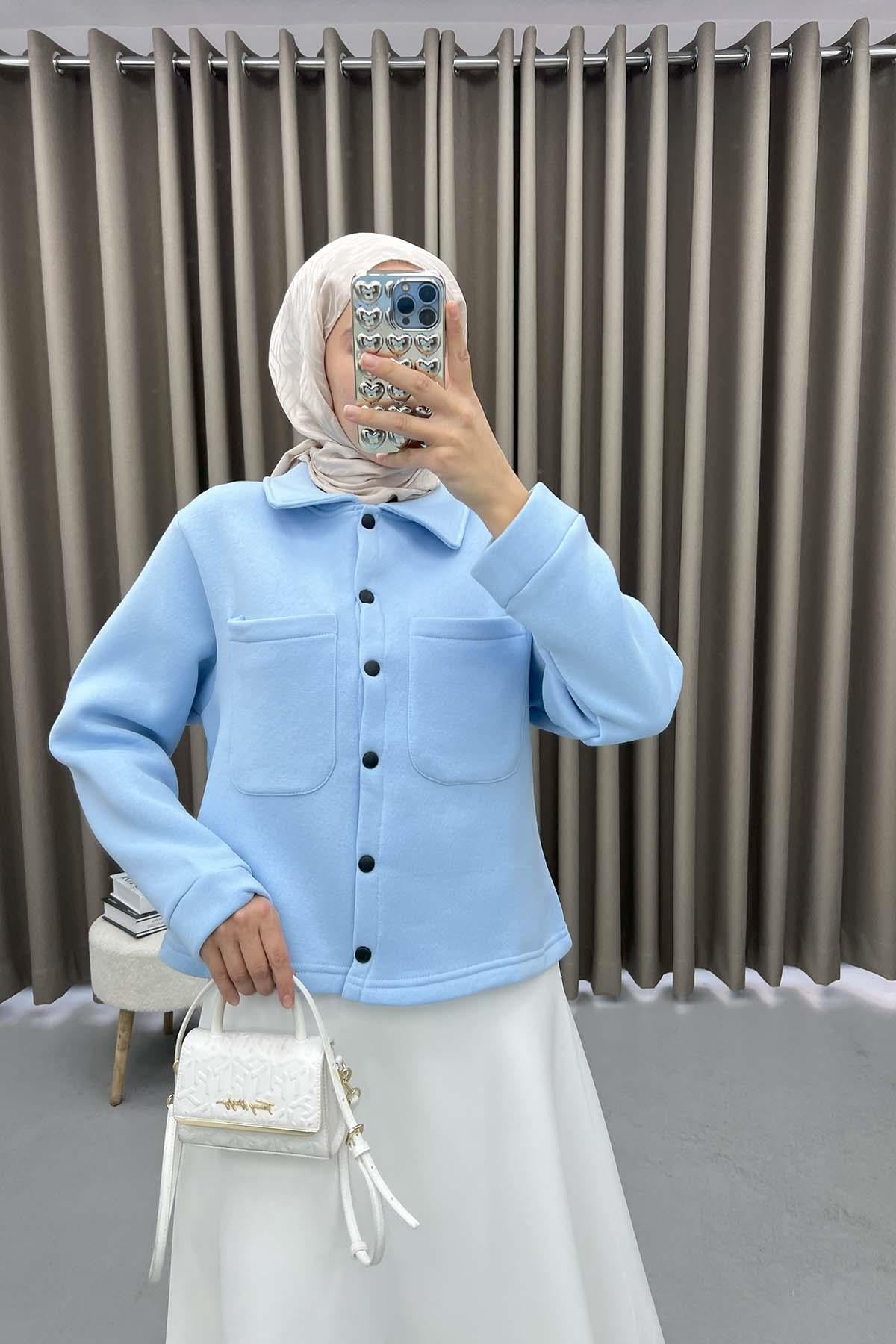 Üç İplik Çıtçıtlı Sweatshirt Mavi