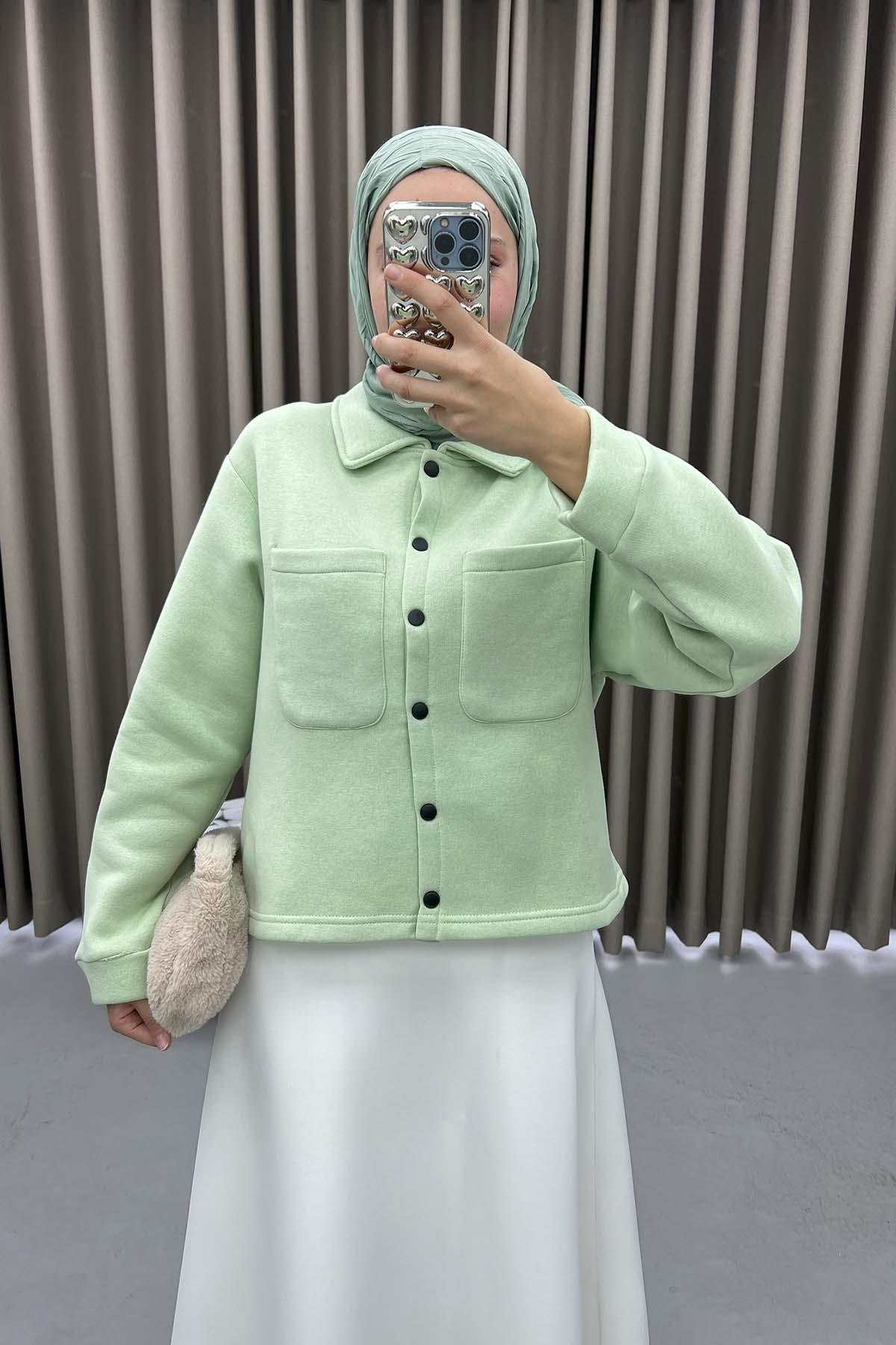 Üç İplik Çıtçıtlı Sweatshirt Su Yeşili