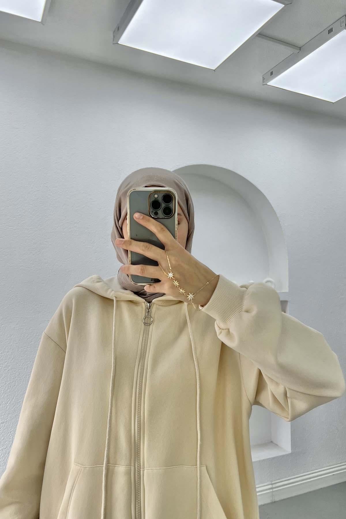 Üç İplik Kapüşonlu Sweatshirt Bej