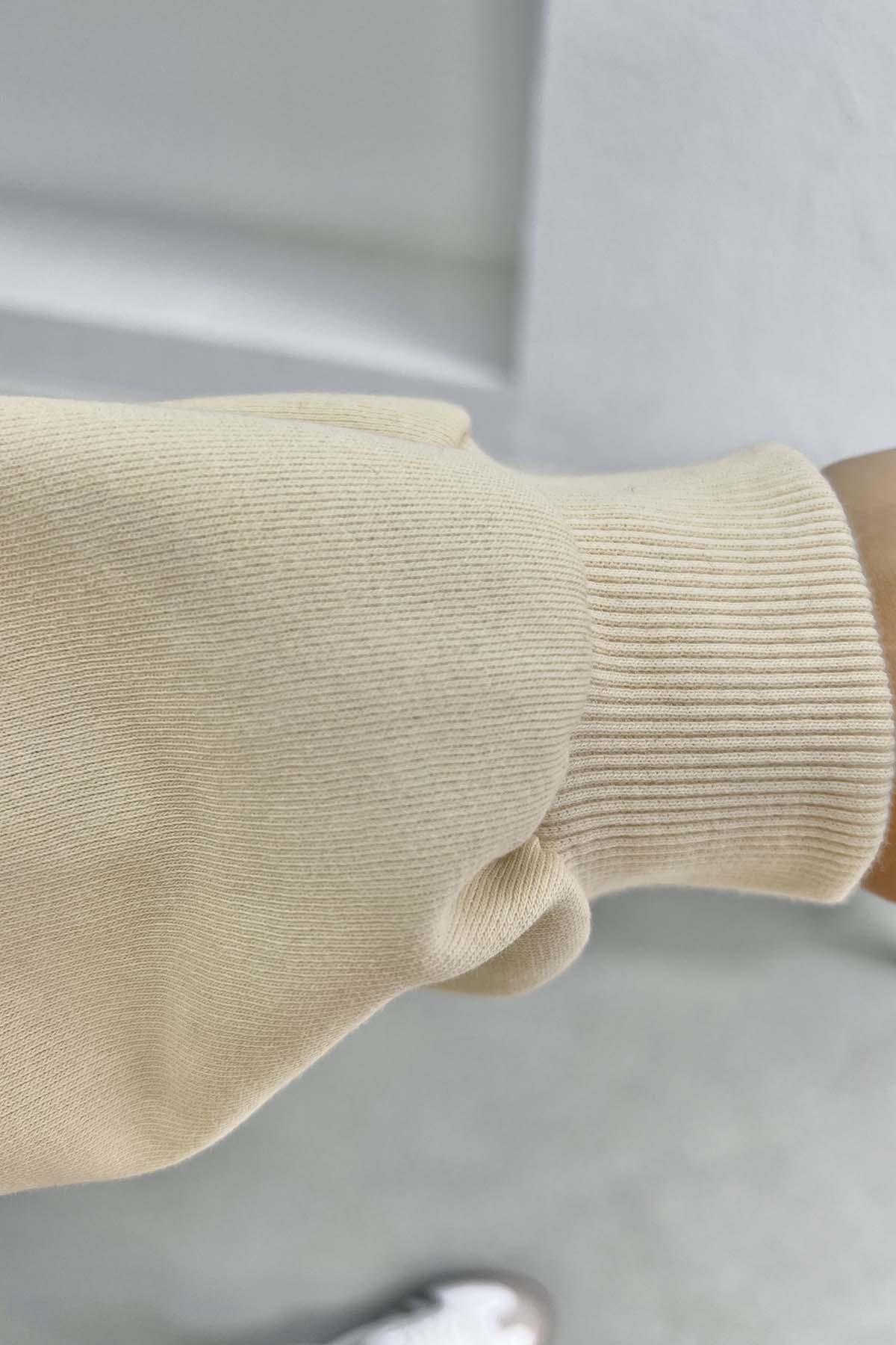 Üç İplik Kapüşonlu Sweatshirt Bej