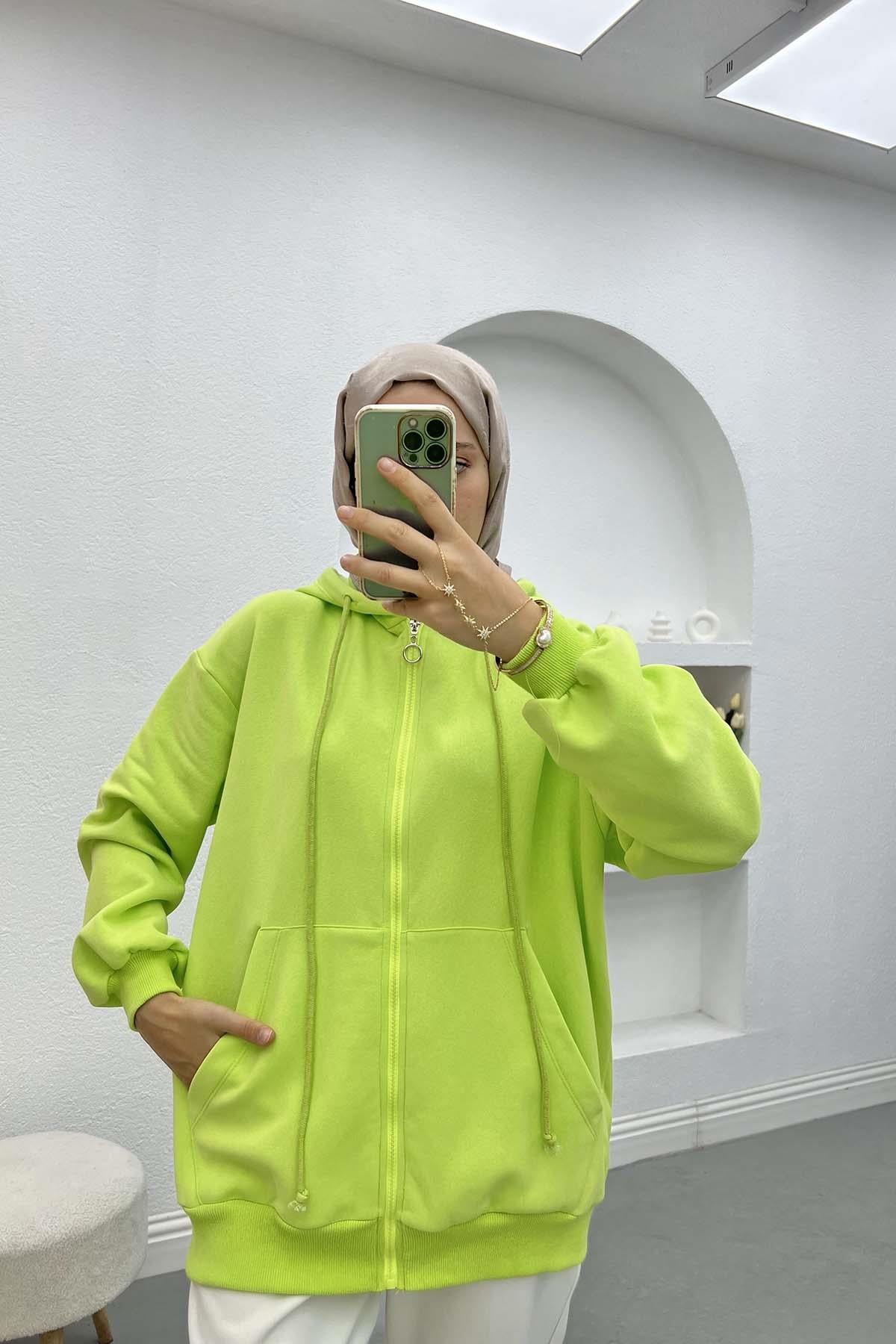 Üç İplik Kapüşonlu Sweatshirt Neon Yeşil