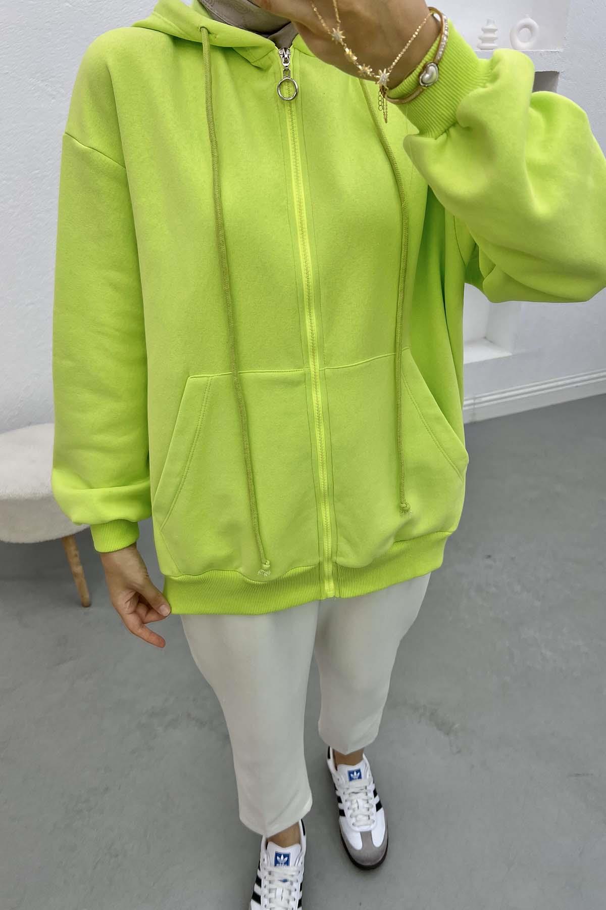 Üç İplik Kapüşonlu Sweatshirt Neon Yeşil