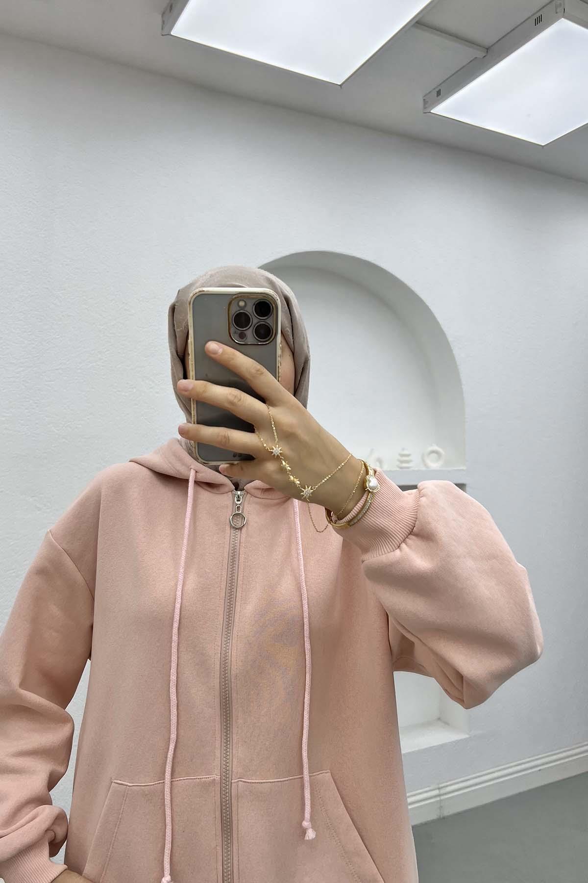 Üç İplik Kapüşonlu Sweatshirt Pudra