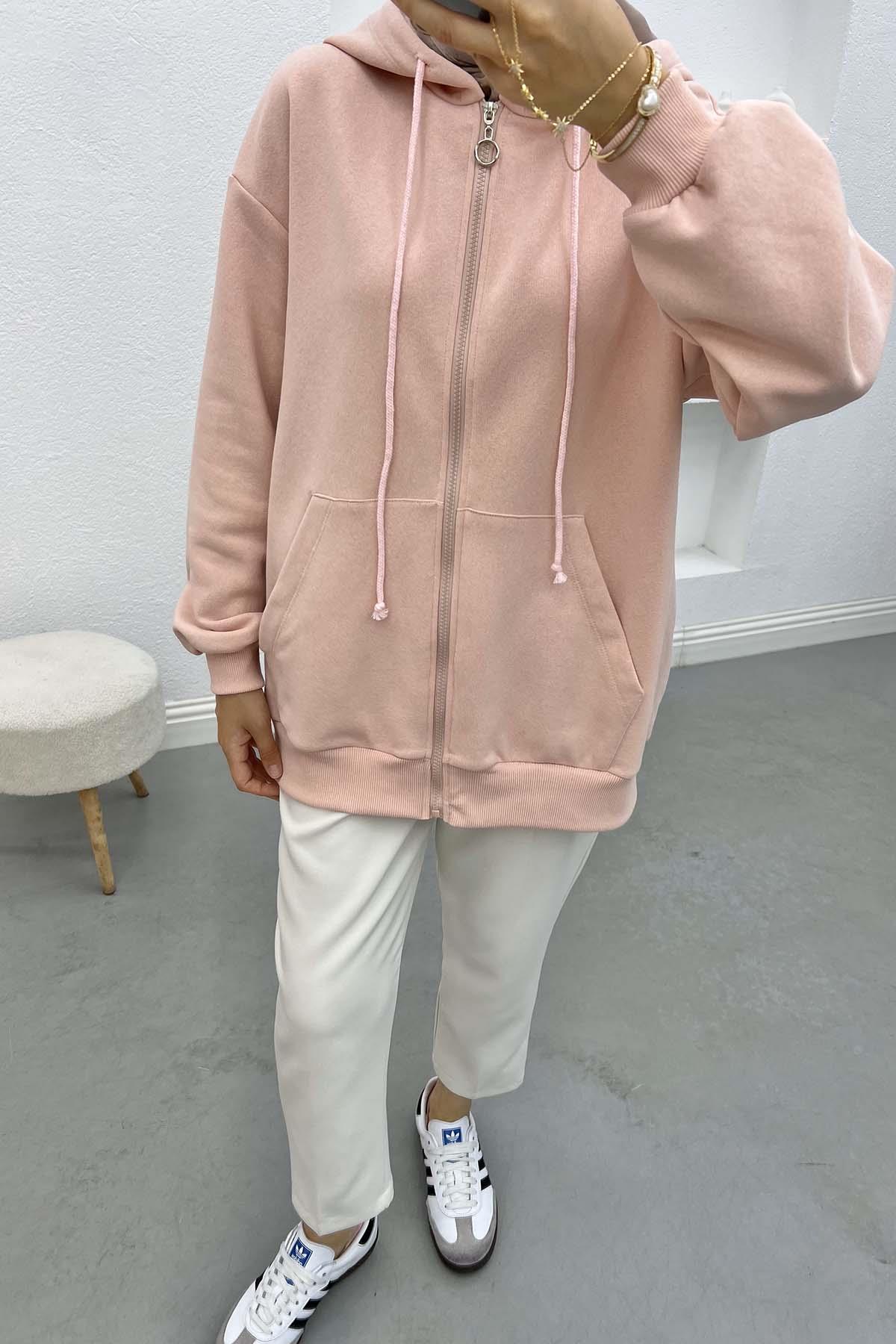 Üç İplik Kapüşonlu Sweatshirt Pudra