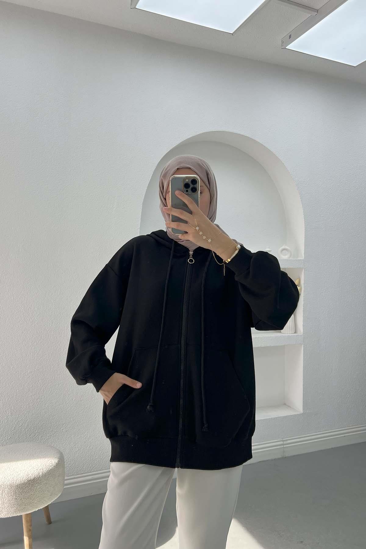 Üç İplik Kapüşonlu Sweatshirt Siyah