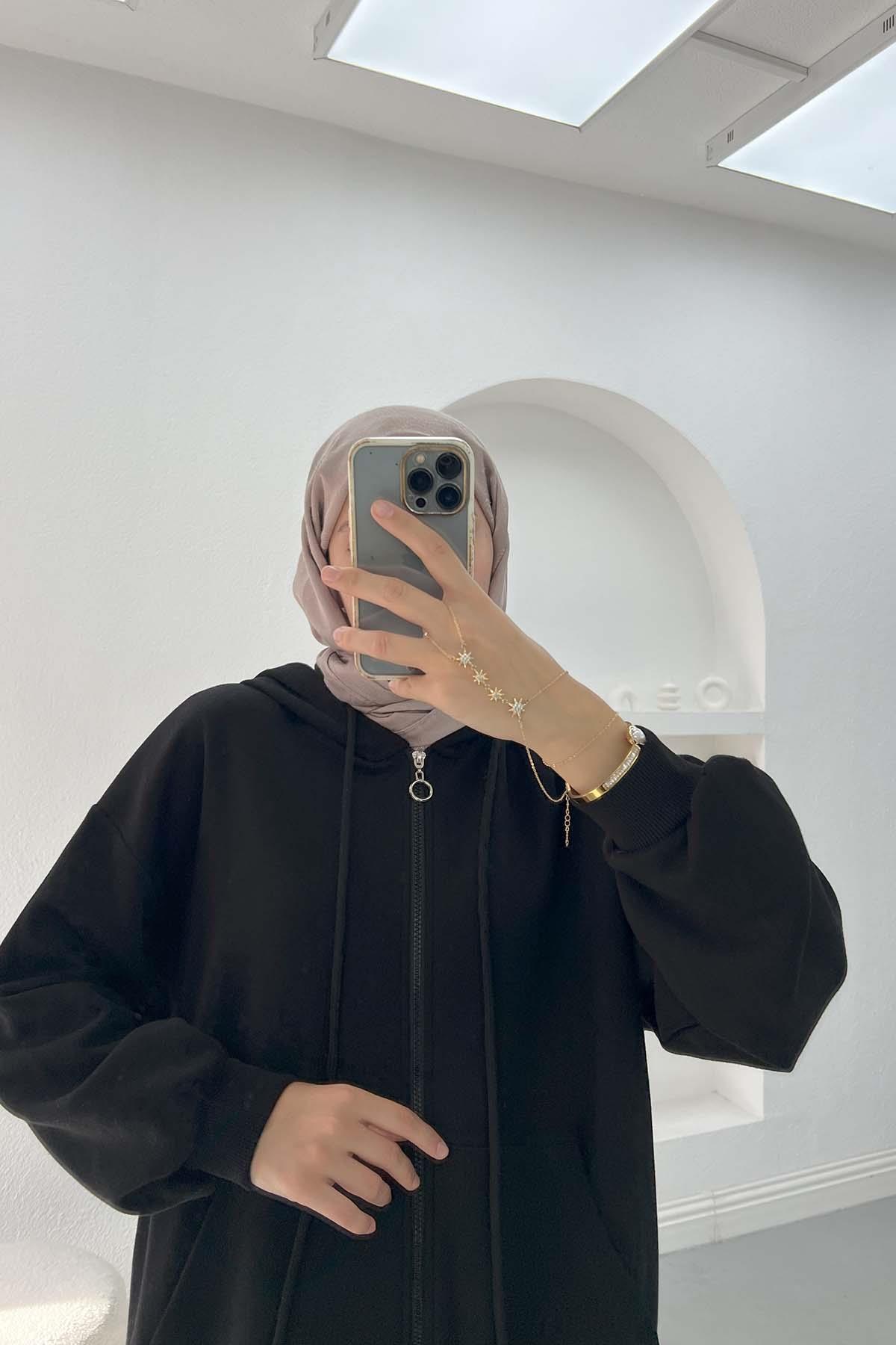 Üç İplik Kapüşonlu Sweatshirt Siyah