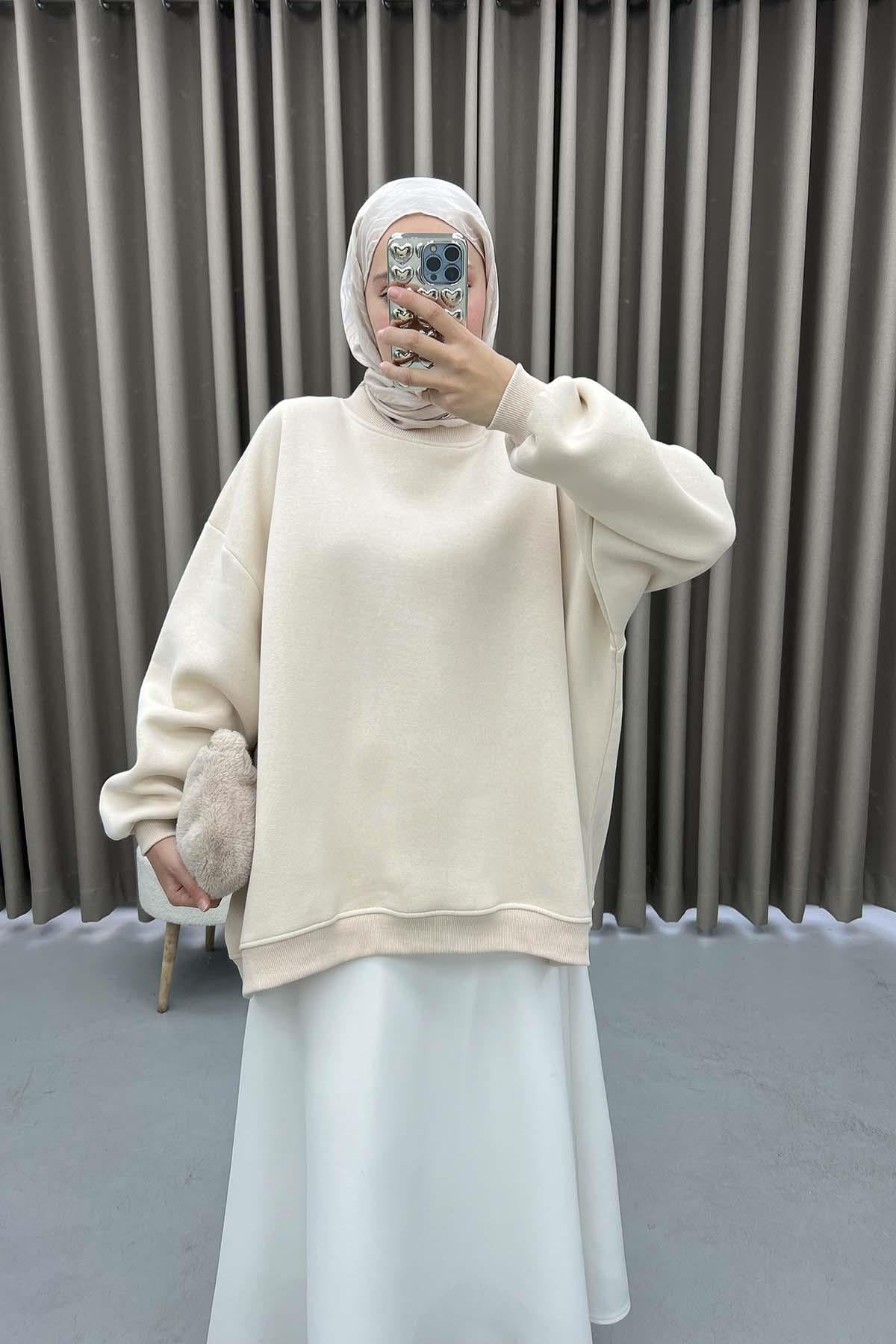 Üç İplik Oversize Sweatshirt Bej