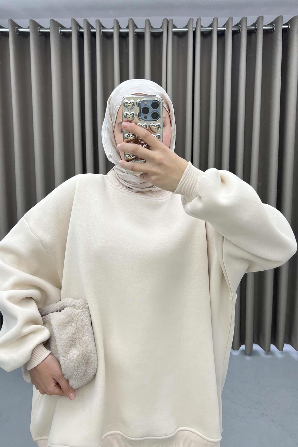 Üç İplik Oversize Sweatshirt Bej