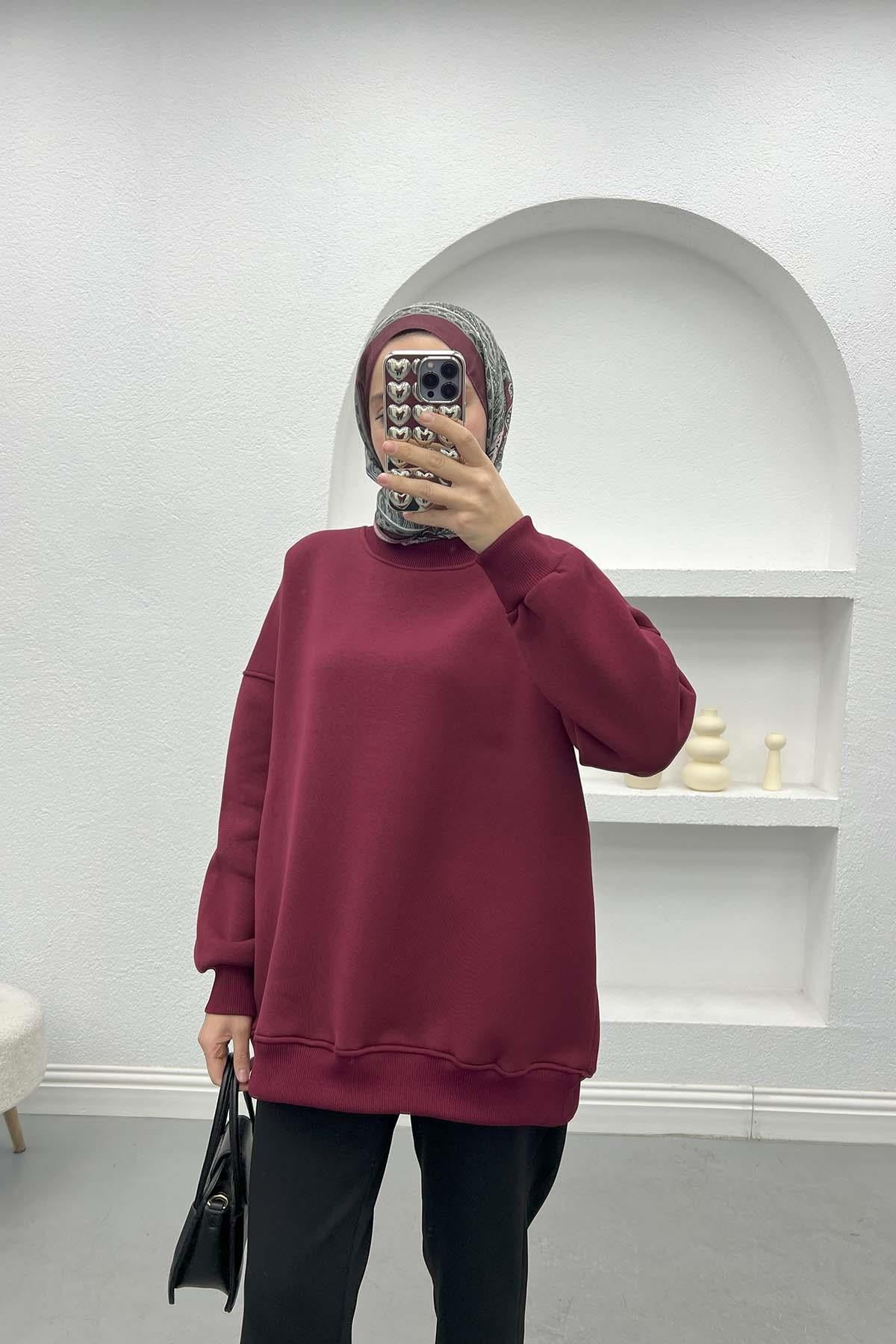 Üç İplik Oversize Sweatshirt Bordo