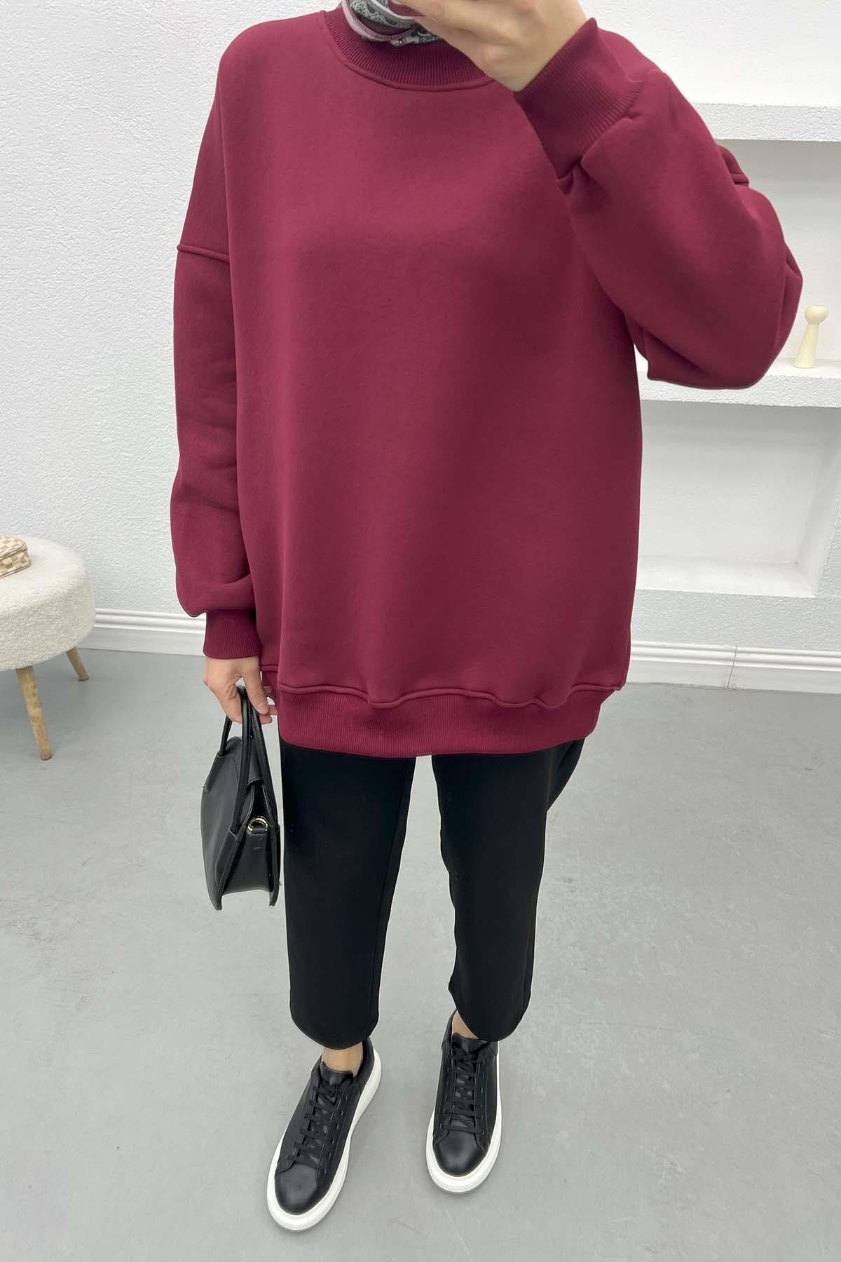 Üç İplik Oversize Sweatshirt Bordo