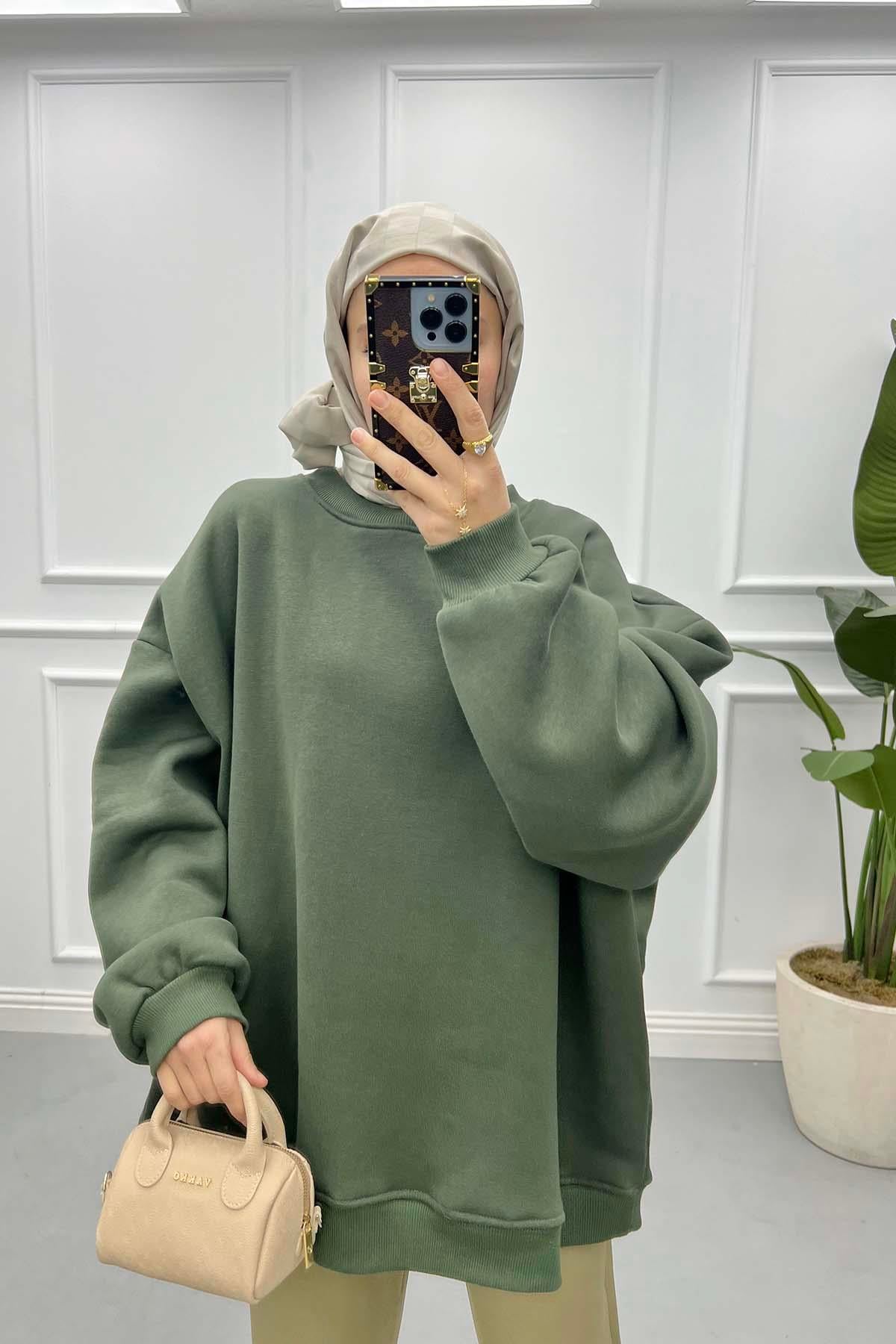 Üç İplik Oversize Sweatshirt Haki