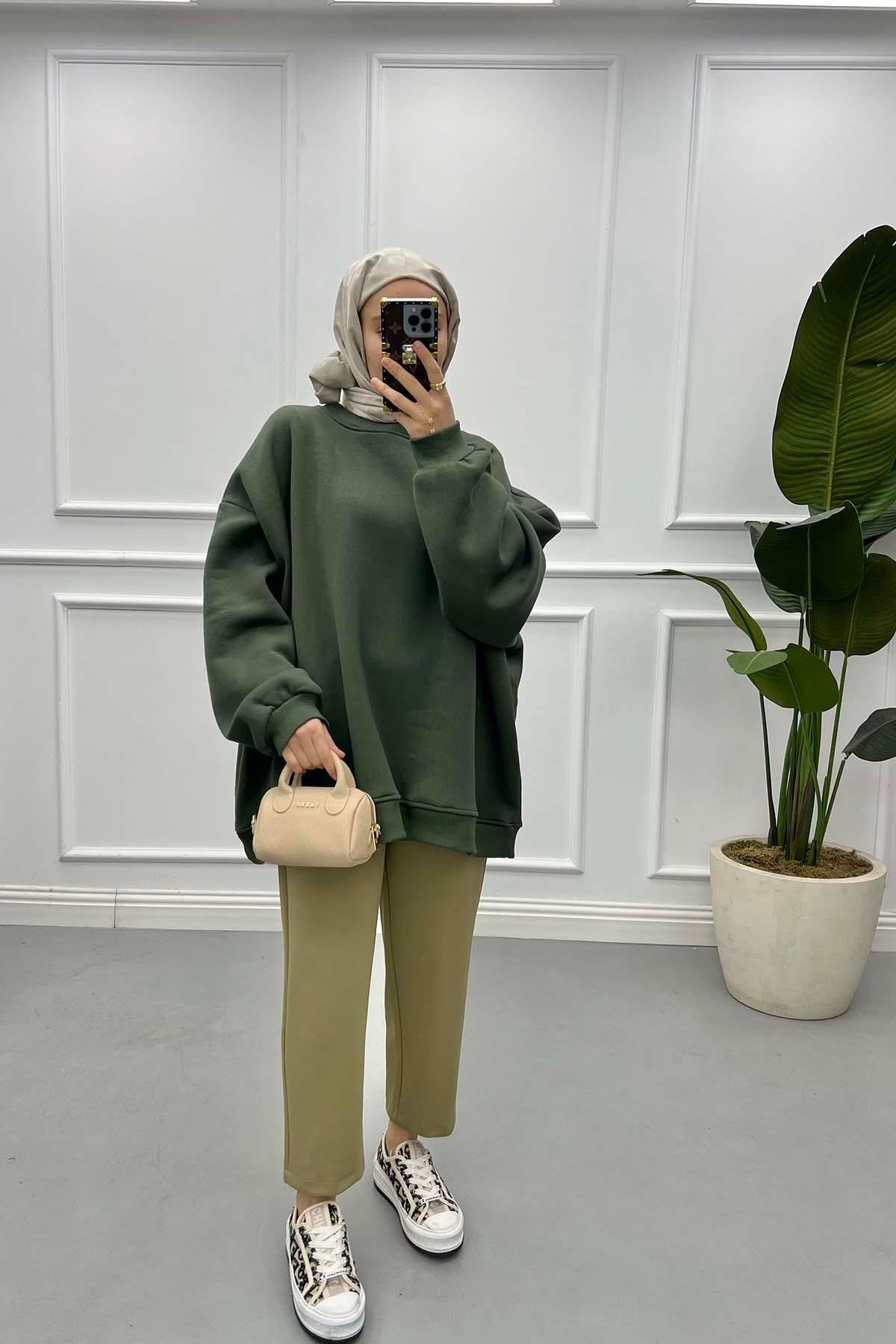 Üç İplik Oversize Sweatshirt Haki
