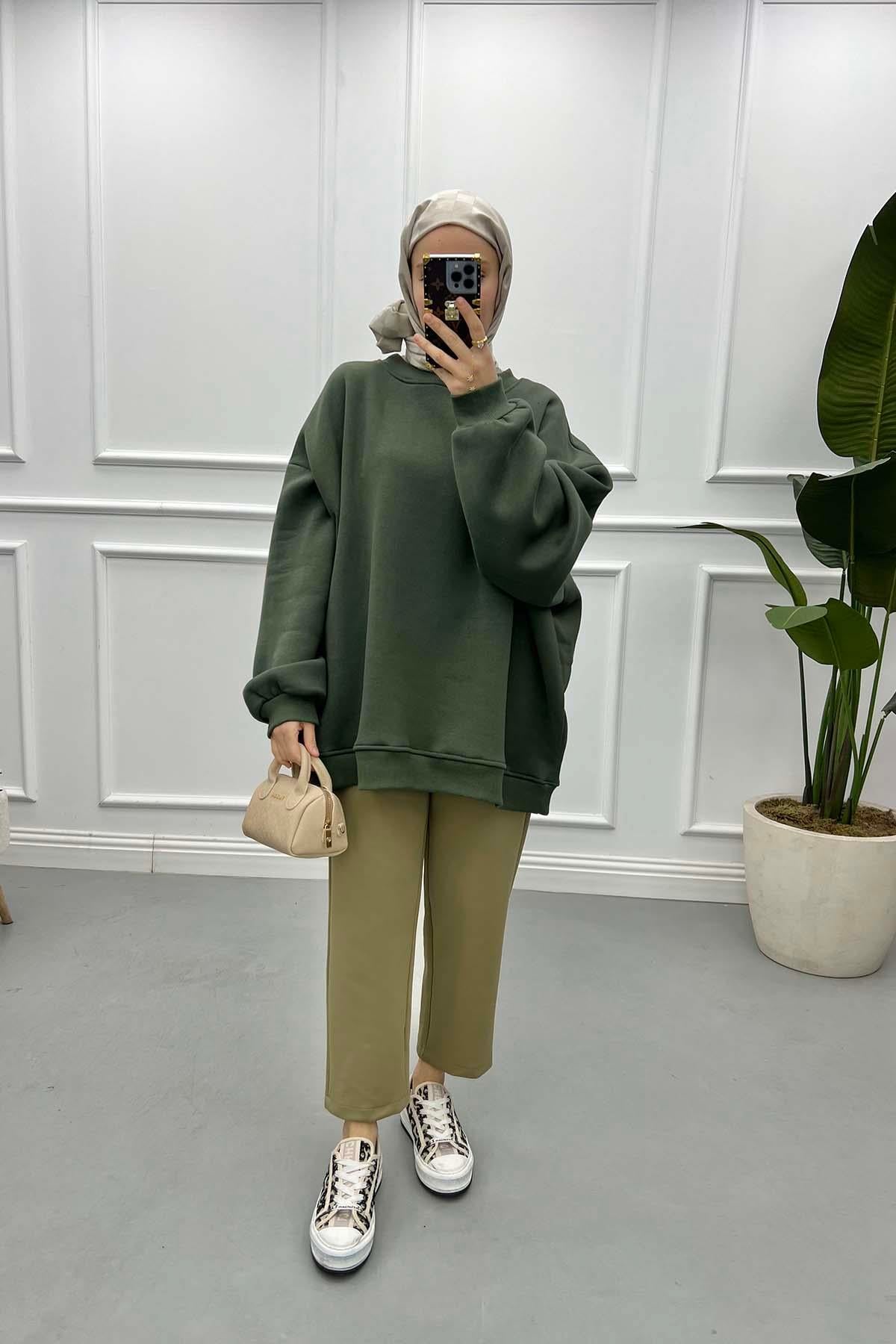 Üç İplik Oversize Sweatshirt Haki