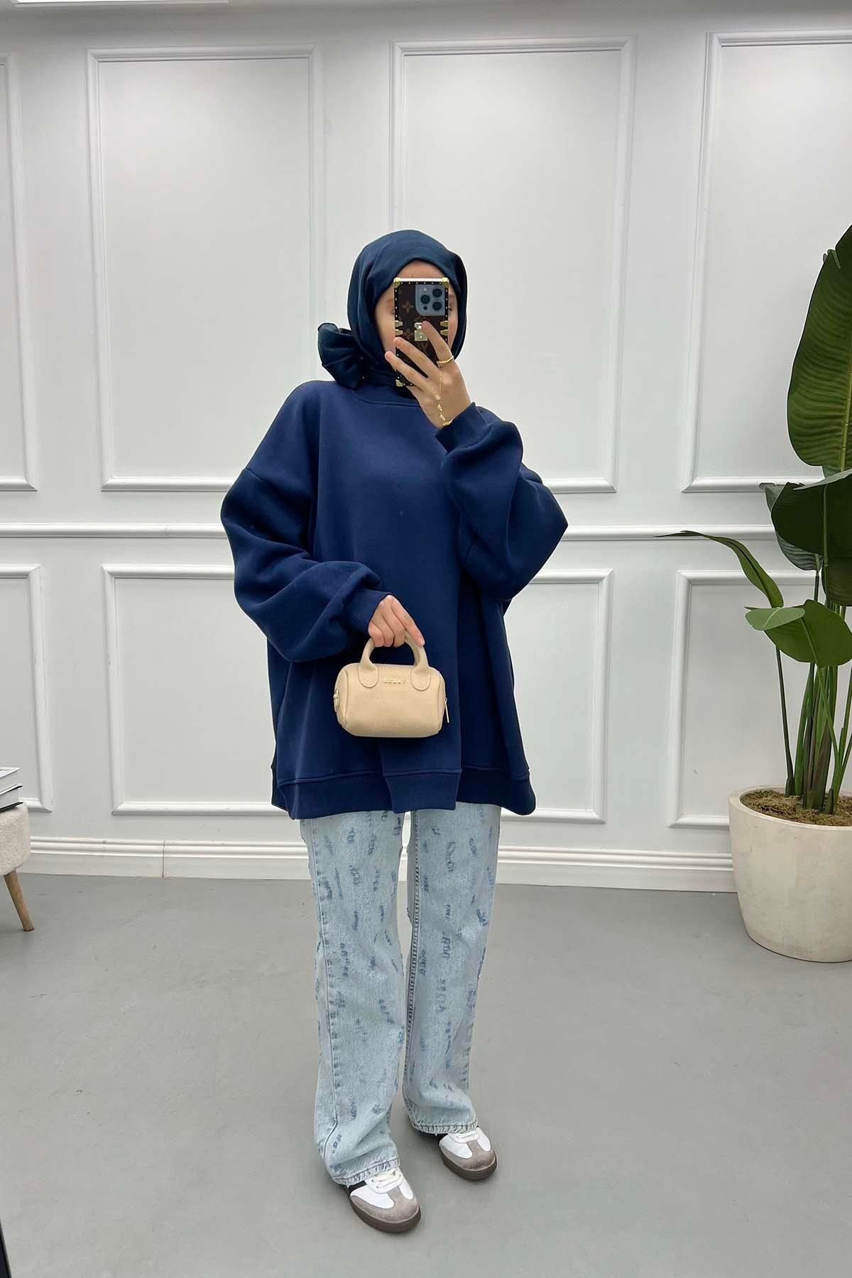 Üç İplik Oversize Sweatshirt Lacivert