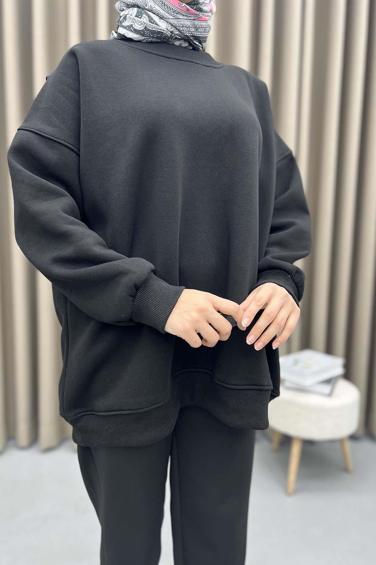 Üç İplik Oversize Sweatshirt Siyah