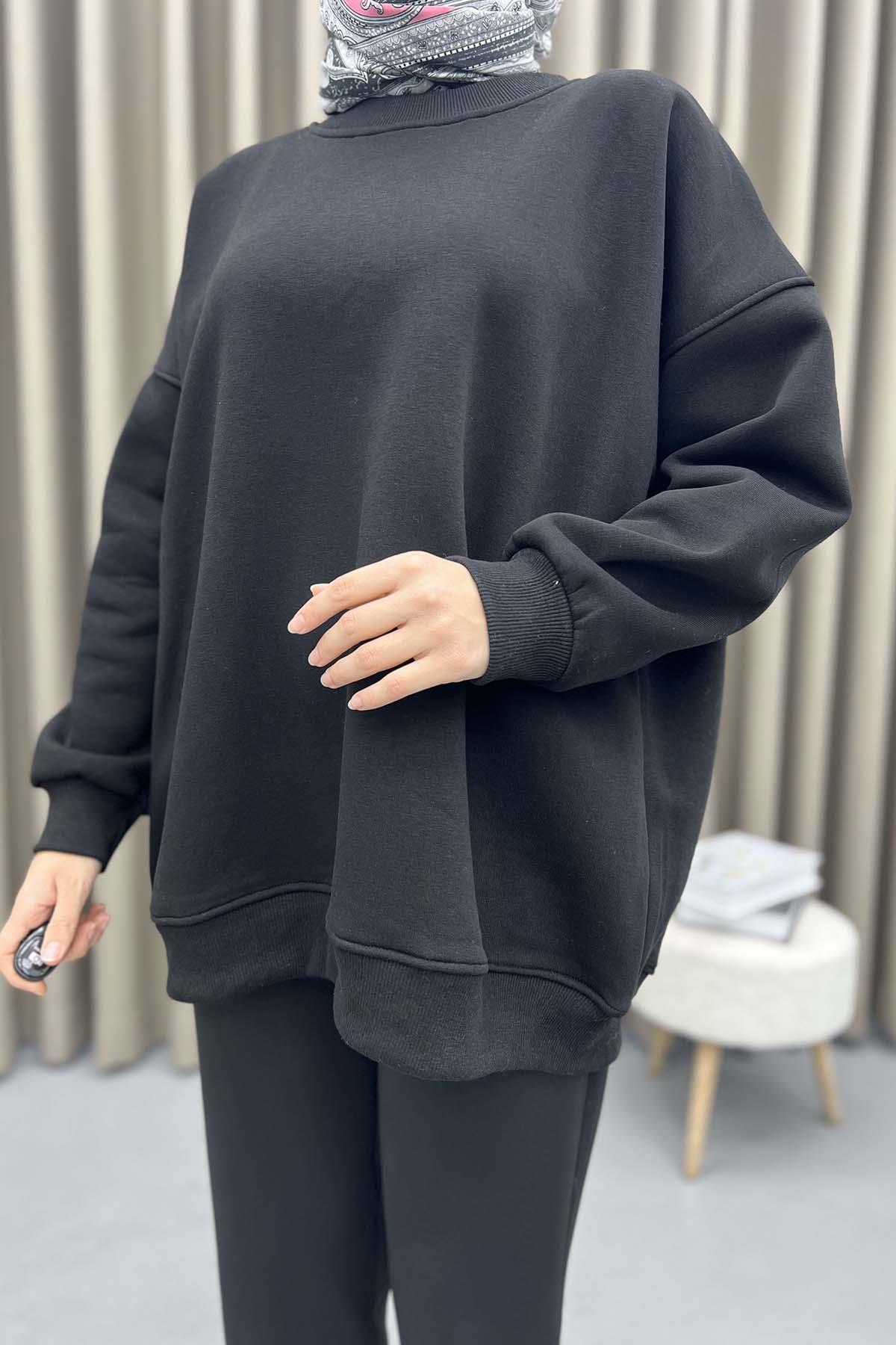 Üç İplik Oversize Sweatshirt Siyah