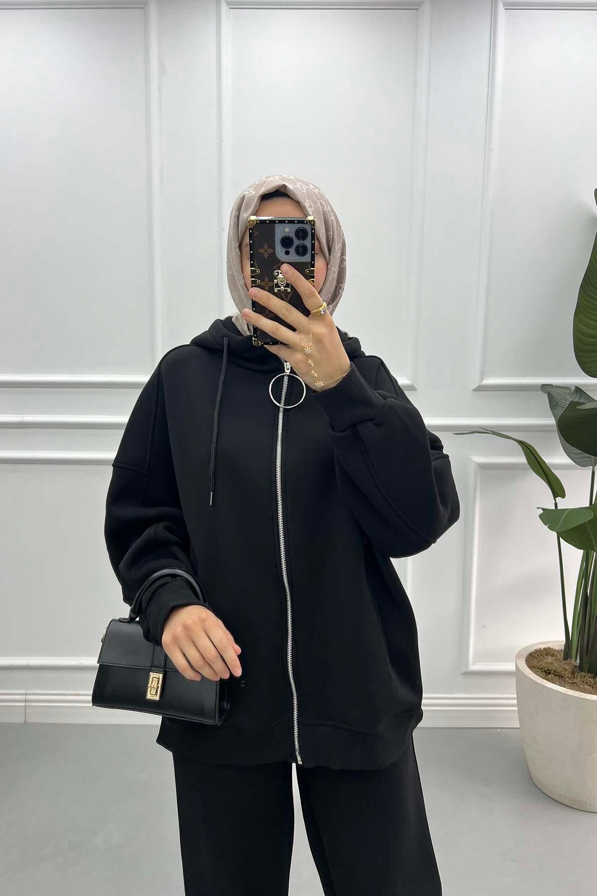 Üç İplik Sweatshirt Takım Siyah