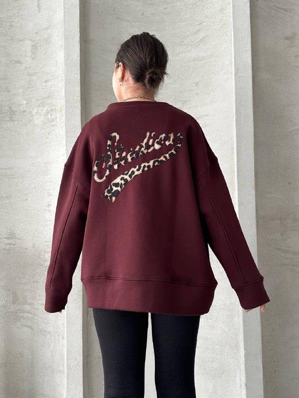 Üç İplik Yazılı Oversize Sweatshirt Vişne Çürüğü