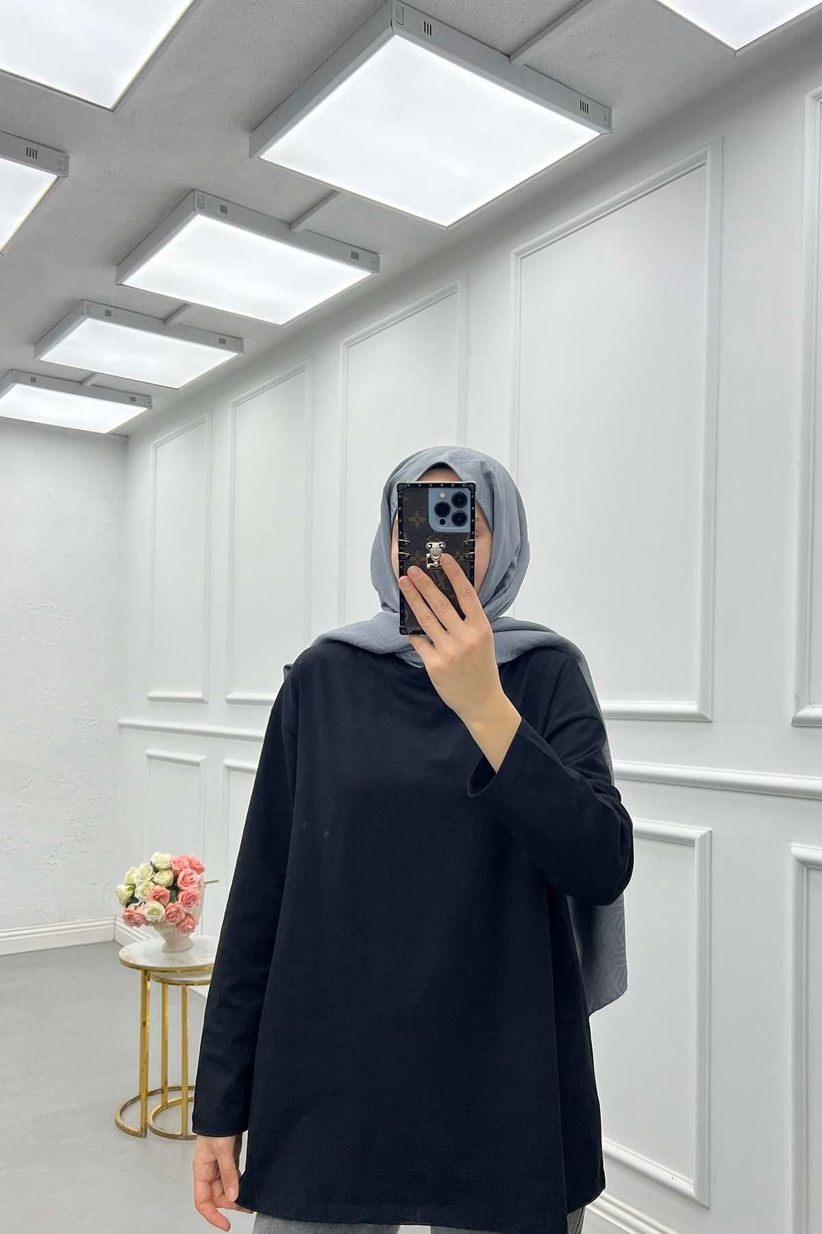 Uzun Kol Oversize Tshirt Siyah