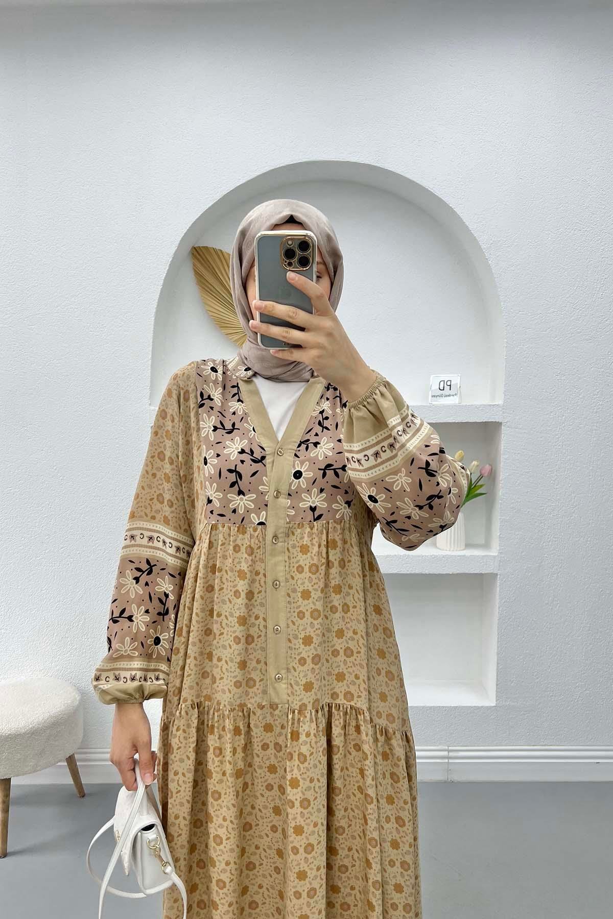 V Yaka Çiçekli Elbise Camel