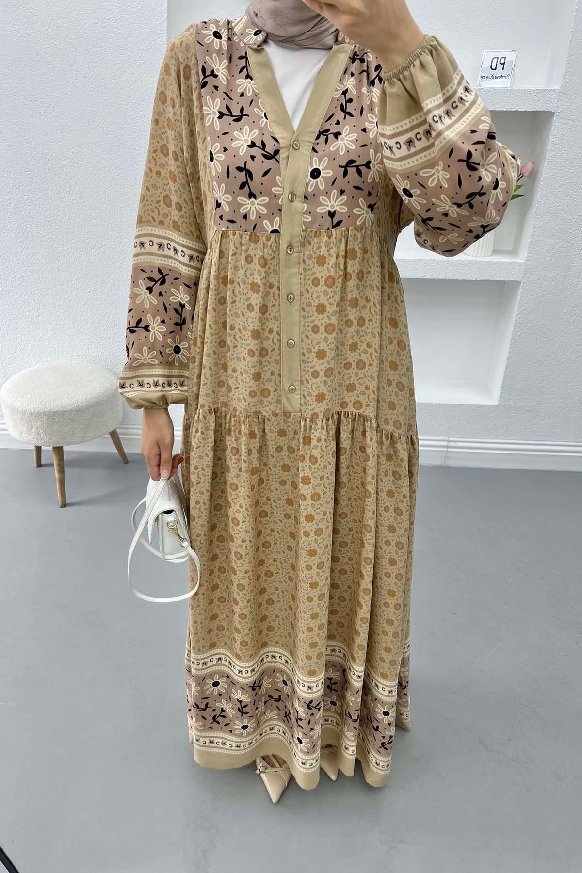 V Yaka Çiçekli Elbise Camel